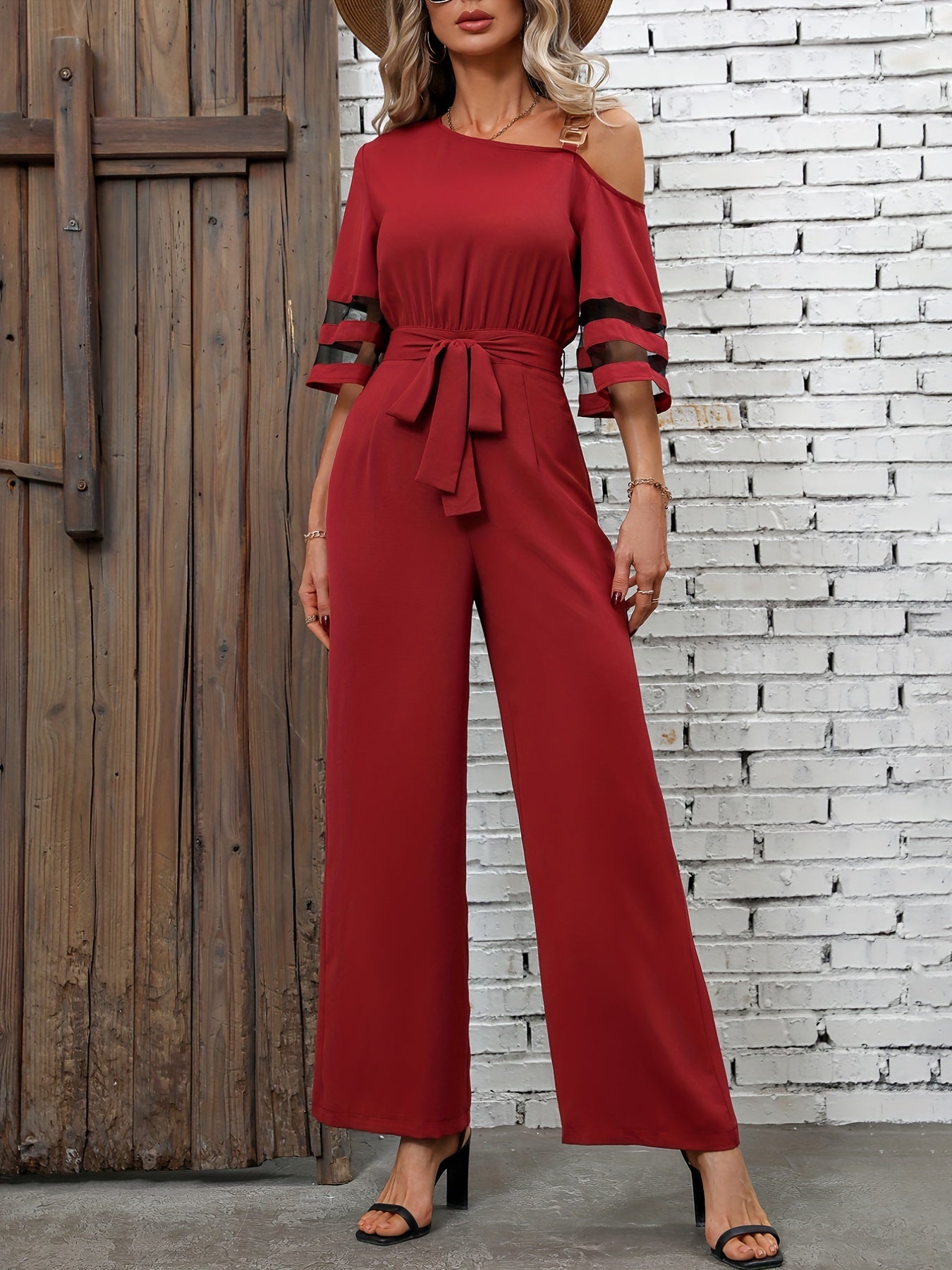 Chain Wide Leg Jumpsuit, Casual High Waist Contrast Mesh Jumpsuit, Women's Clothing