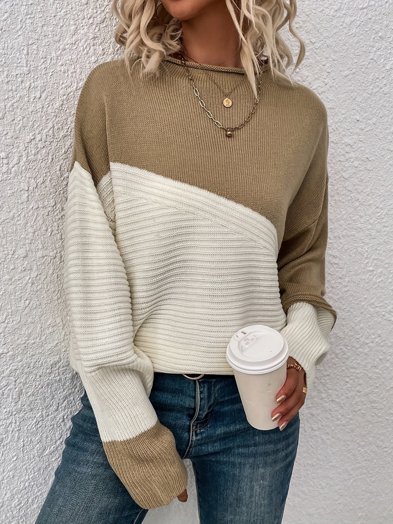 gbolsos Color Block Loose Pullover Sweater, Elegant Long Sleeve Drop Shoulder Sweater, Women's Clothing