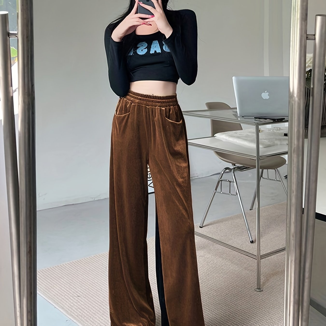 Velvet High Waist Pants, Casual Elastic Wide Leg Draped Pants With Pockets, Women's Clothing