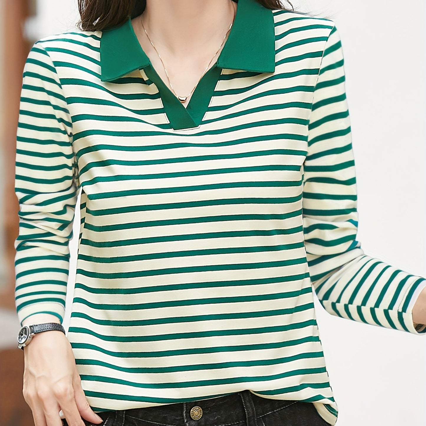 gbolsos Striped Polo Neck T-shirt, Casual Long Sleeve Contrast Trim Top, Women's Clothing