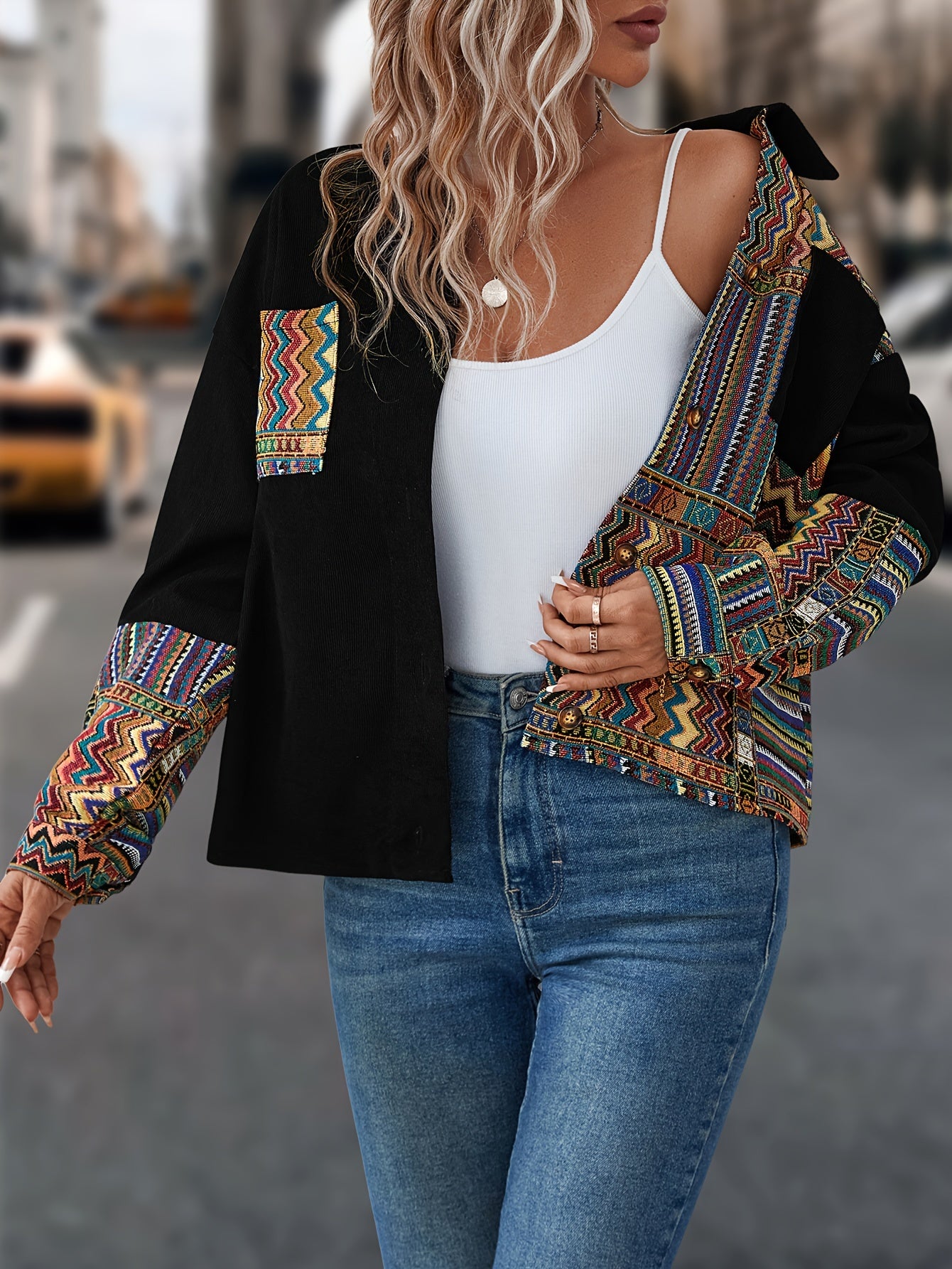 Patchwork Print Patched Pockets Jacket, Ethnic Color Block Single Button Jacket, Women's Clothing
