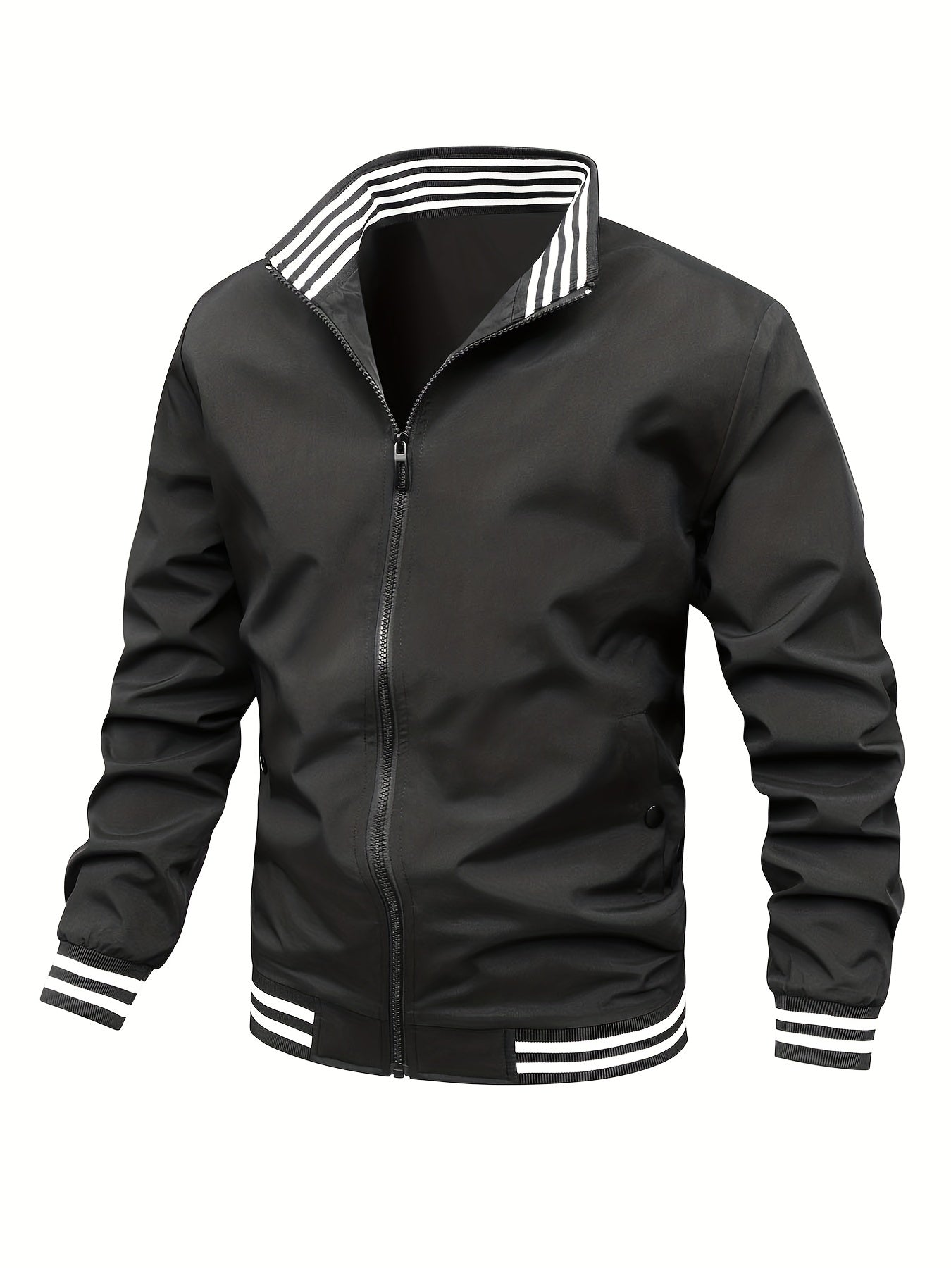 gbolsos Classic Design Bottom Striped Jacket, Men's Casual Zip Up Stand Collar Jacket For Spring Fall