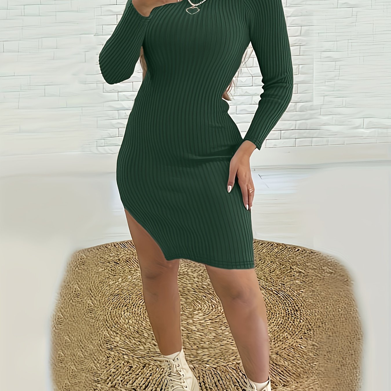 gbolsos Ribbed Split Solid Dress, Casual Mock Neck Long Sleeve Dress, Women's Clothing