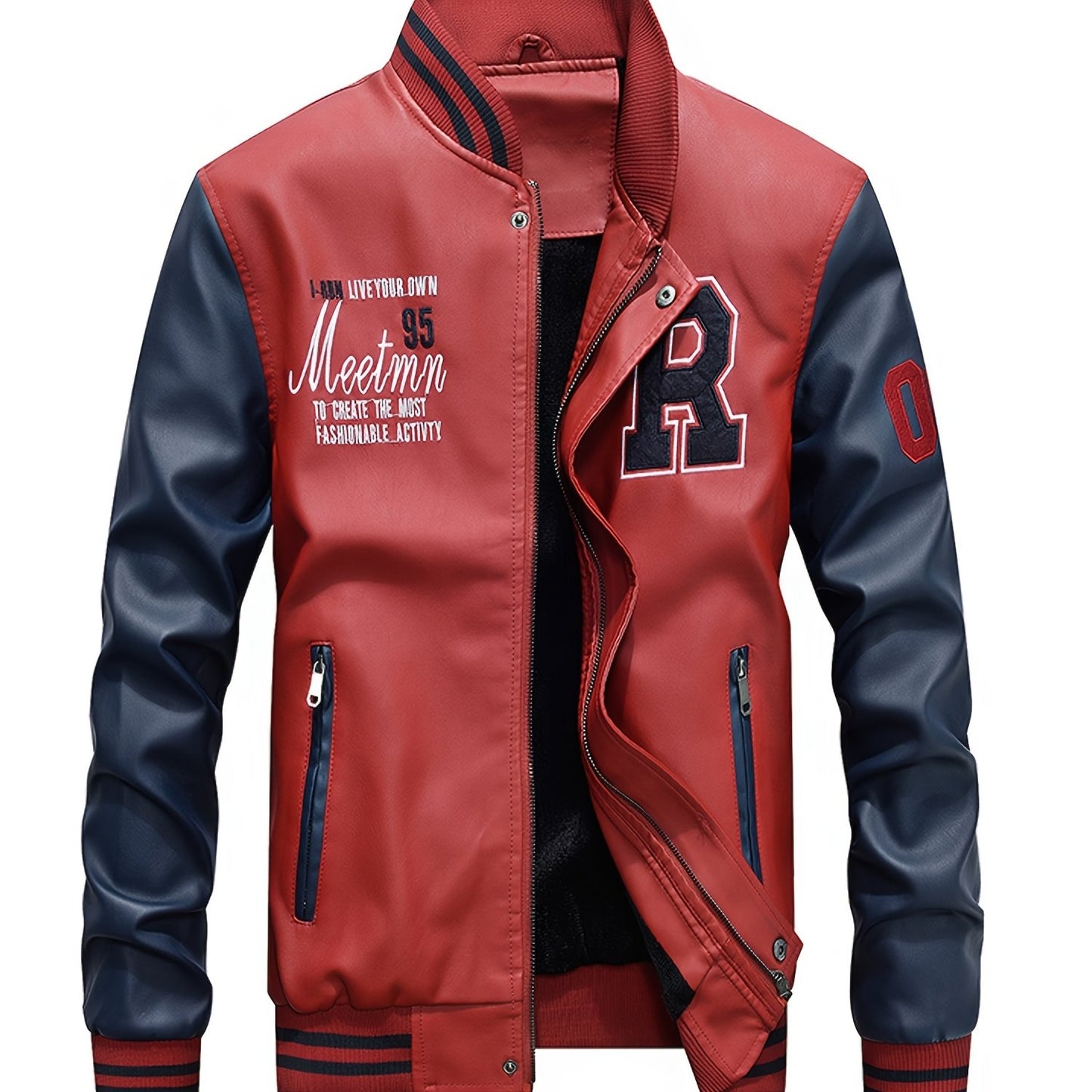 gbolsos Men's Casual Pockets "R" Print Zipper Long Sleeves Baseball Collar PULeather Jacket
