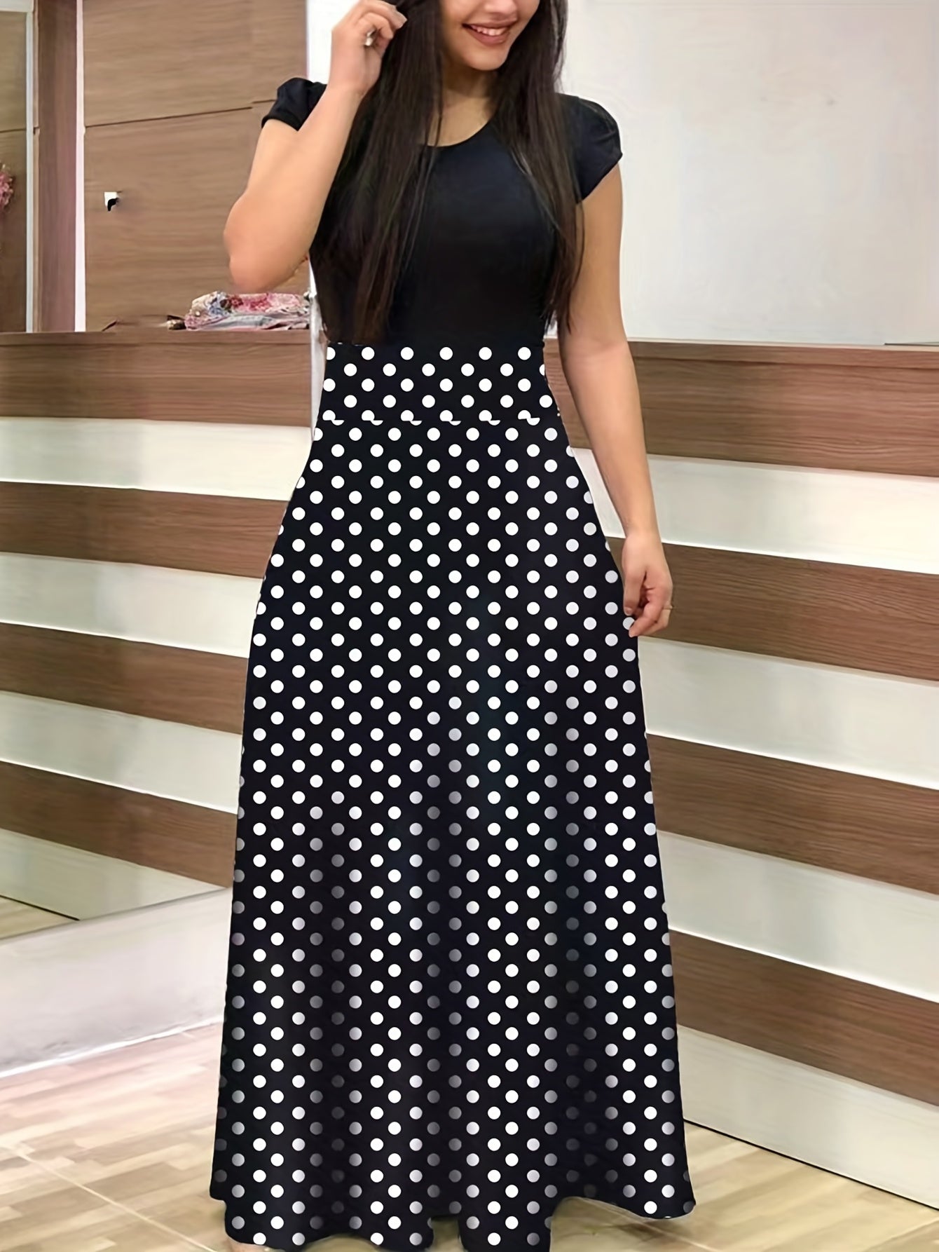 gbolsos Floral Print Splicing Dress, Elegant Crew Neck Short Sleeve Pleated Maxi Dress, Women's Clothing