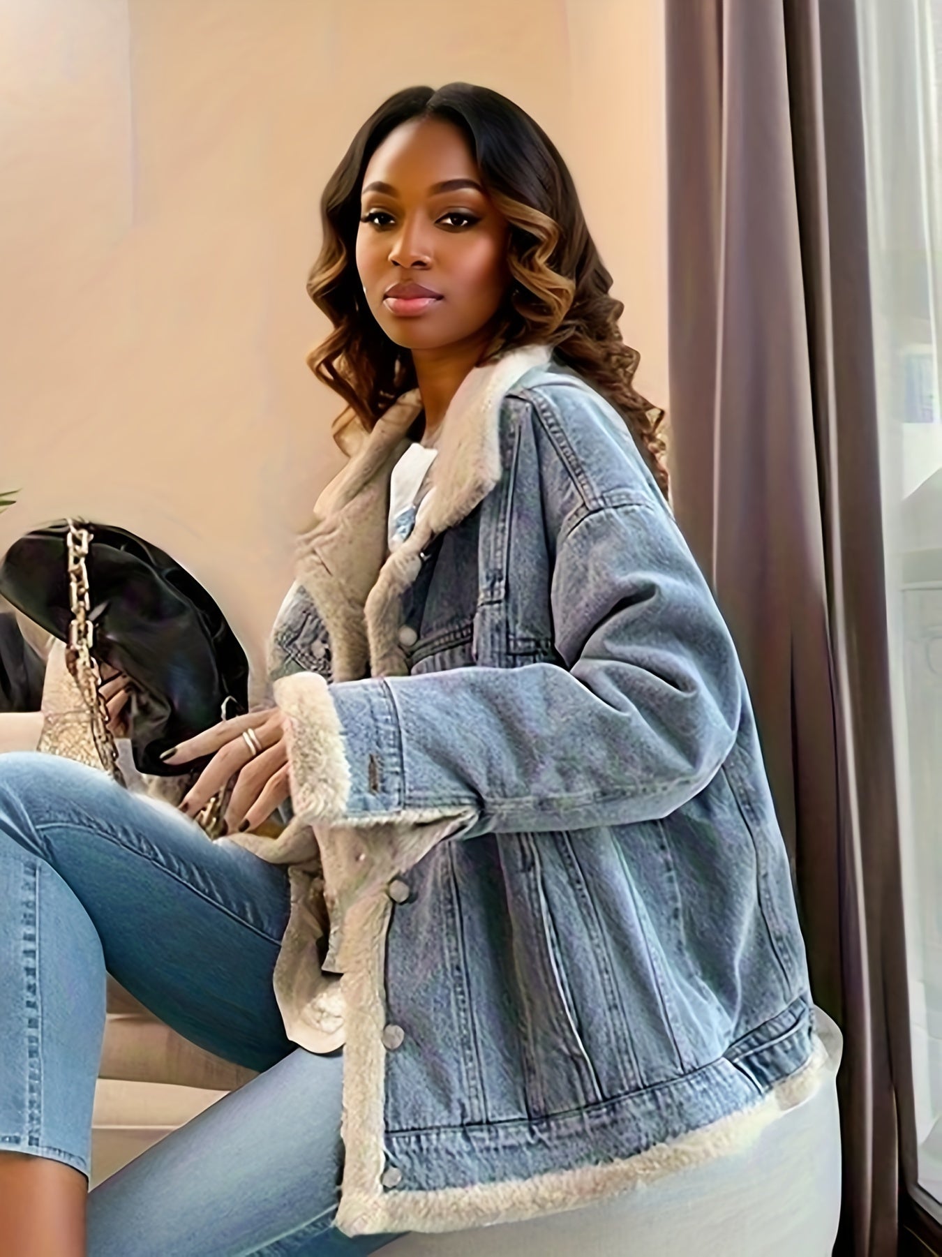 gbolsos Fleece Lined Long Sleeve Lapel Reversible Wear Way Denim Coat, Flap Pocket Loose Fit Winter Denim Jackets, Women's Denim Jeans & Clothing