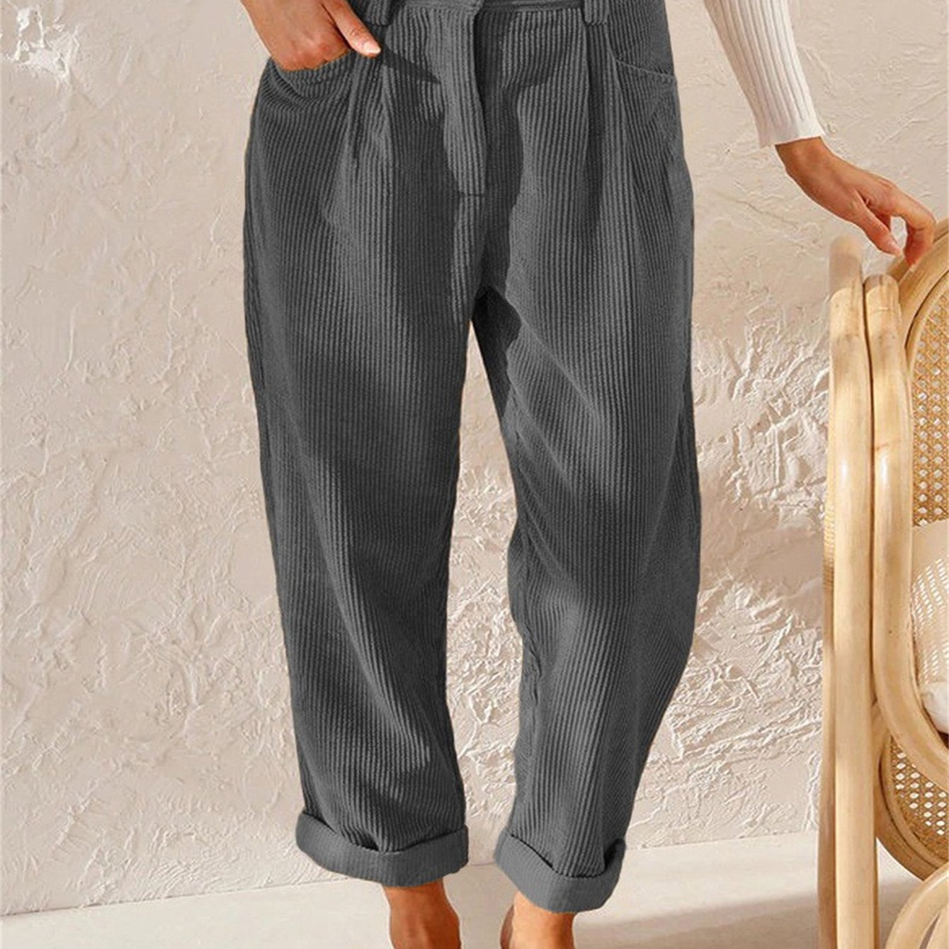 gbolsos Corduroy Straight Leg Pants, Solid High Waist Slant Pocket Pants, Casual Every Day Pants, Women's Clothing