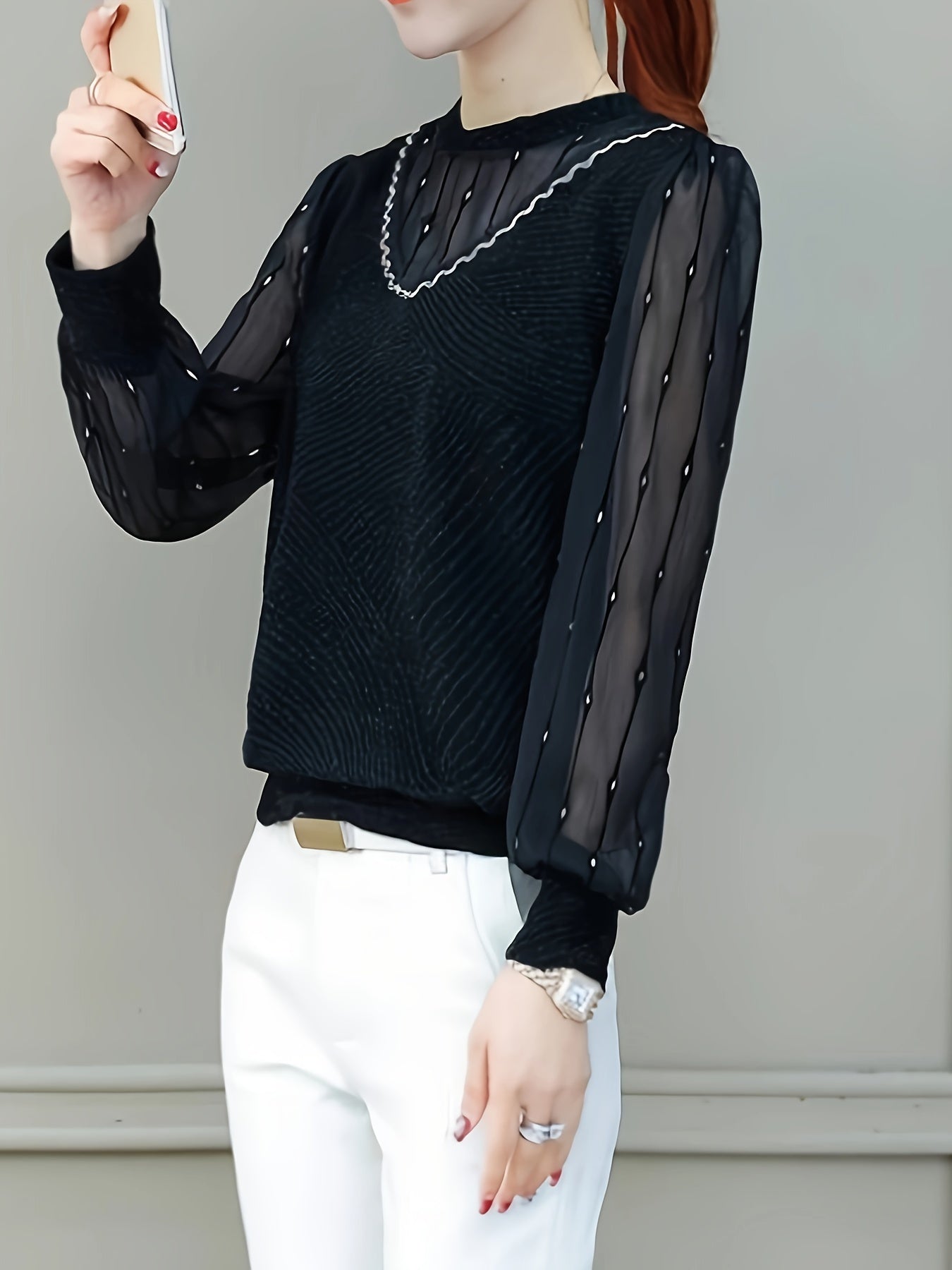 gbolsos Mesh Panel Illusion Neckline T-Shirt, Casual Long Sleeve Crew Neck T-Shirt, Women's Clothing