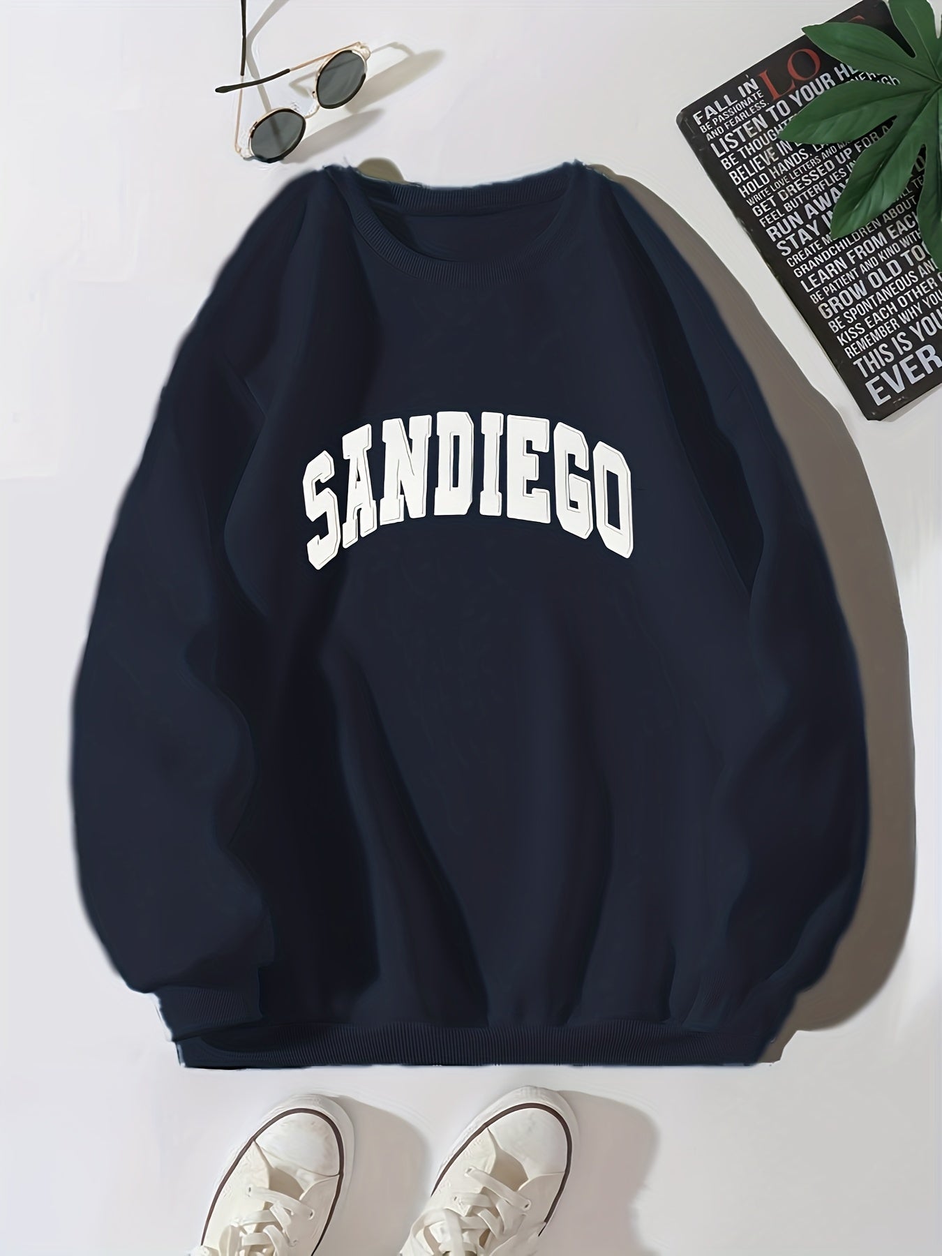 gbolsos Sandiego Letter Print Sweatshirt, Casual Crew Neck Long Sleeve Sweatshirt, Women's Clothing