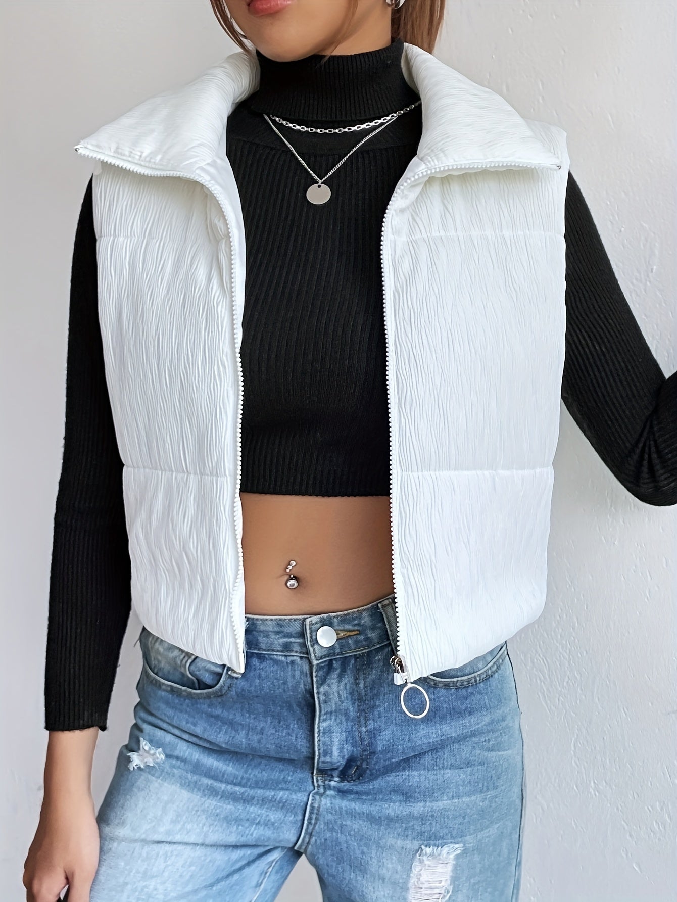 Texture Sleeveless Parka, Zip Up Solid Casual Outwear For Fall & Winter, Women's Clothing