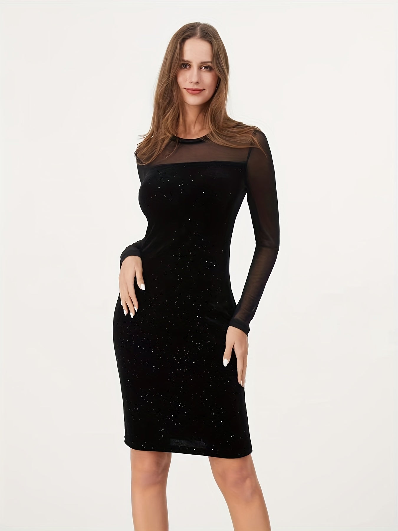 gbolsos Contrast Sequin Solid Dress, Elegant Long Sleeve Bodycon Dress, Women's Clothing