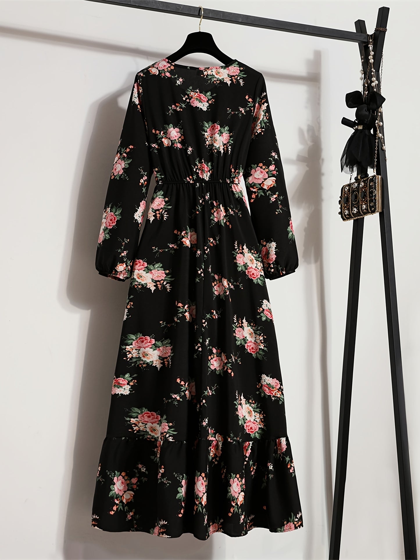 gbolsos Elegant Summer High Waist Fashion Ditsy Floral Print Dress, Slim Temperament Maxi Dresses, Women's Clothing