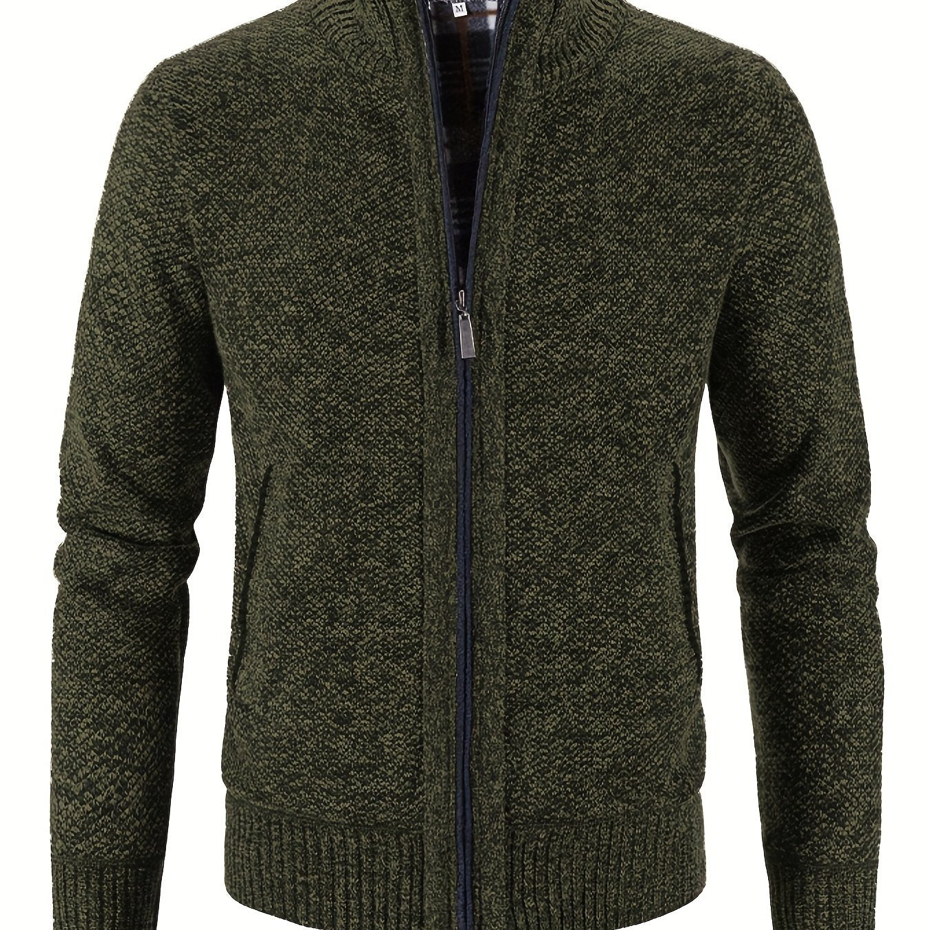 gbolsos Warm Zip Up Jacket Sweater, Men's Casual Lapel Mid Stretch Slant Pocket Solid Color Cardigan For Fall Winter