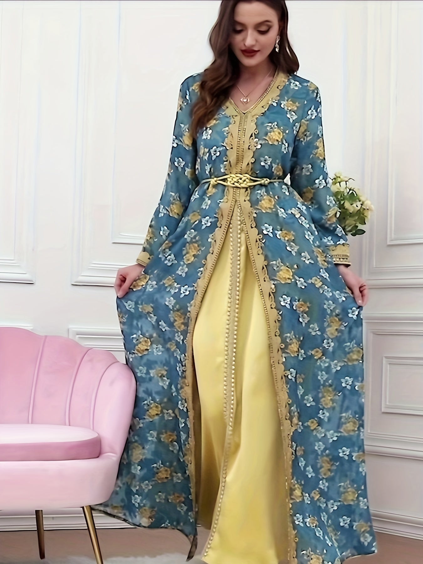 gbolsos Floral Print Contrast Collar Kaftan Dress, Elegant V Neck Long Sleeve Maxi Dress, Women's Clothing