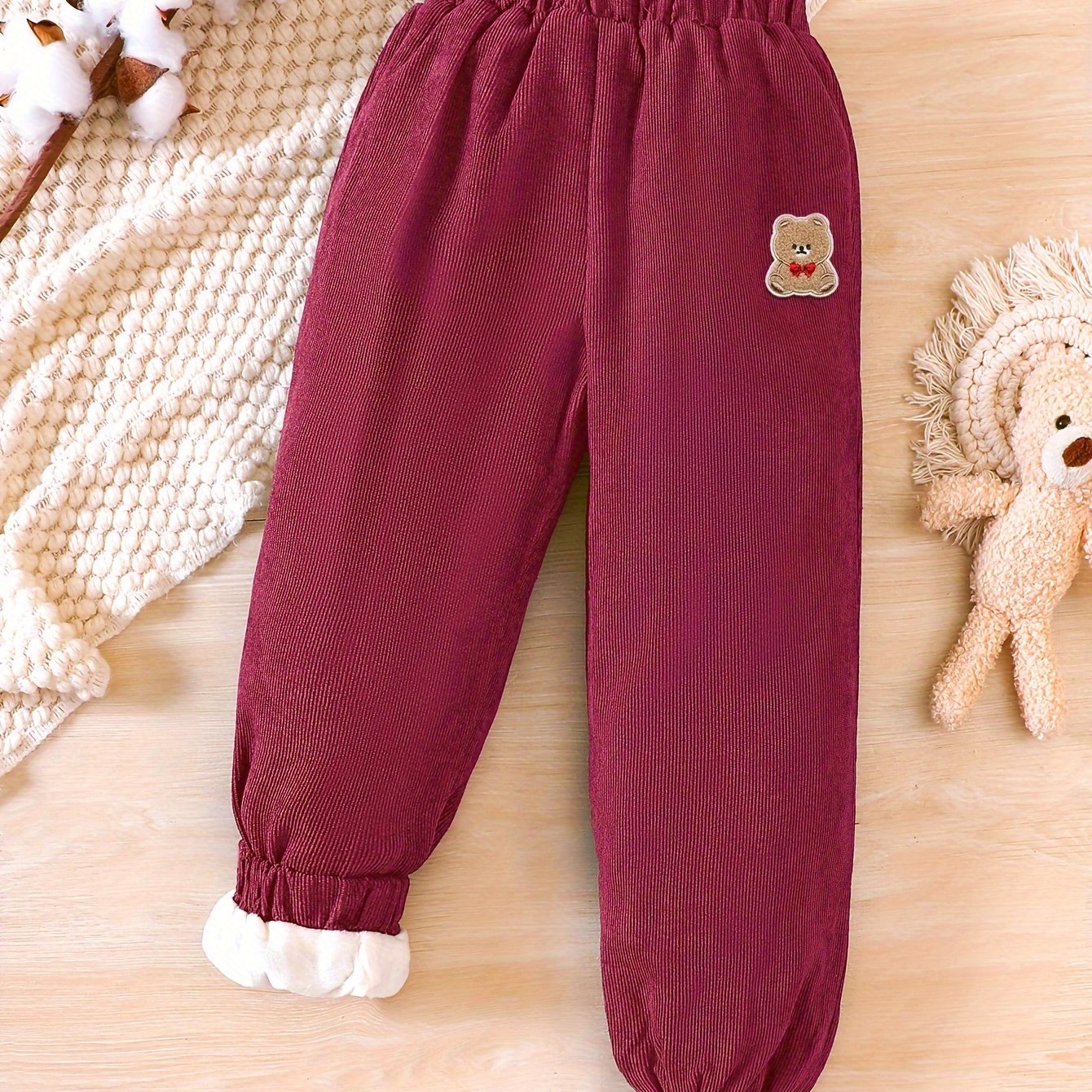 gbolsos Toddler Girls Fleece Lined Corduroy Jogger Pants Cute Bear Embroidery Elastic Waist For Winter