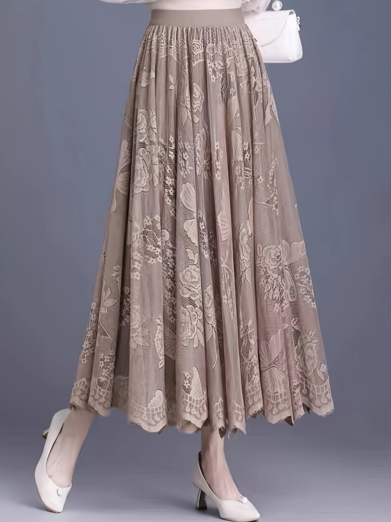 Solid Floral Pattern Pleated Skirt, Elegant Elastic Waist Skirt For Spring & Fall, Women's Clothing