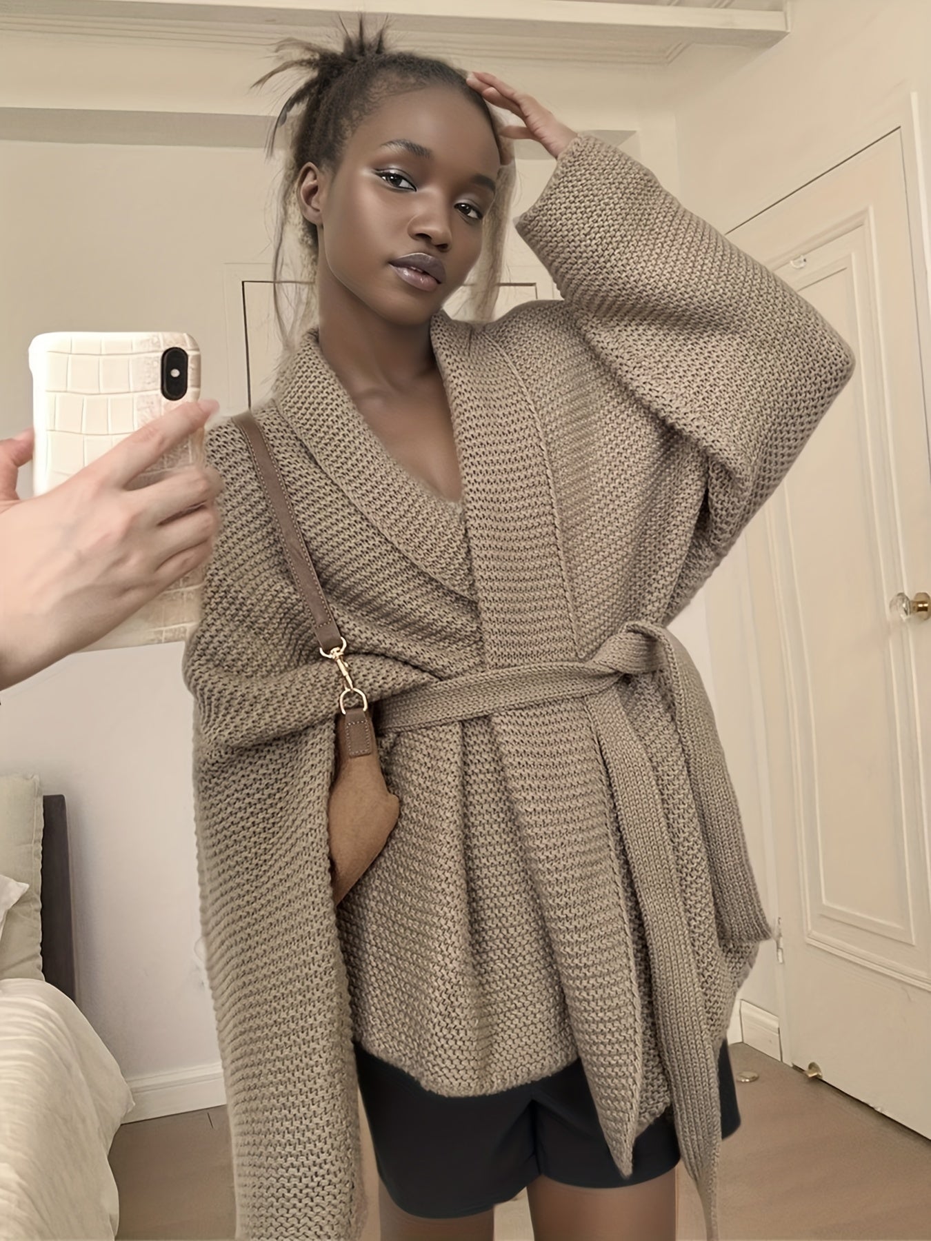 gbolsos Solid Open Front Belted Knit Cardigan, Vintage Long Sleeve Thick Loose Sweater, Women's Clothing