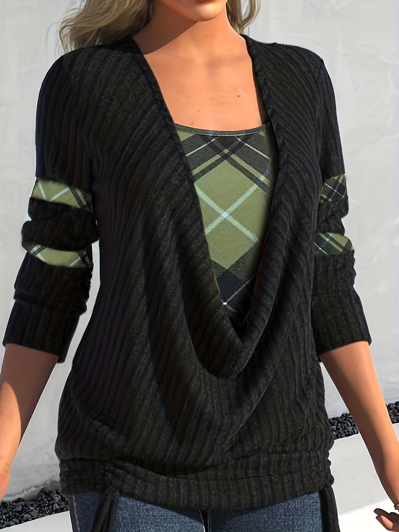 Plus Size Casual Top, Women's Plus Colorblock Plaid Print Ribbed Long Sleeve Cowl Neck Medium Stretch Top