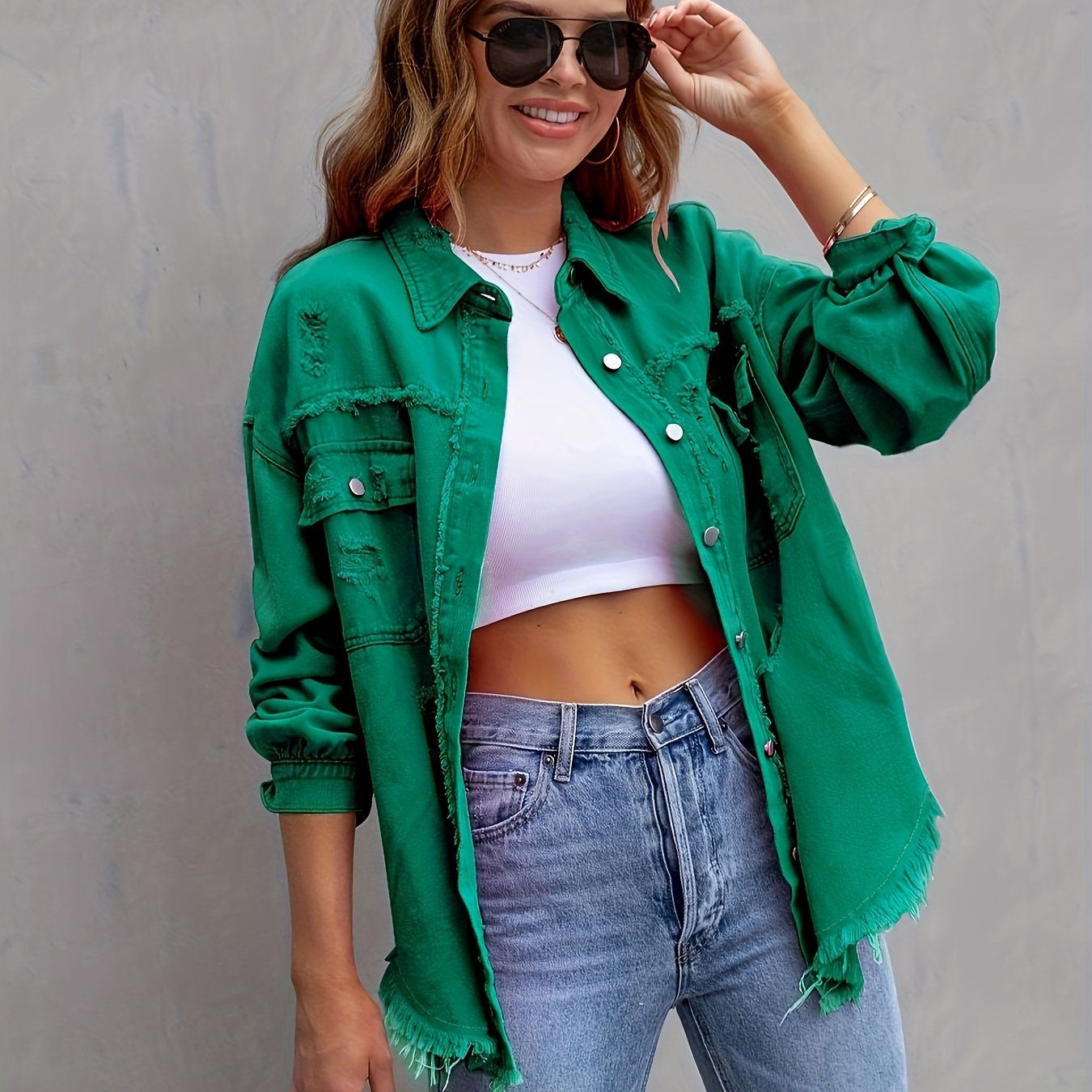 Plain Ripped Holes Lapel Denim Jackets, Distressed Raw Hem Long Sleeves Casual Denim Coats, Women's Denim Clothing