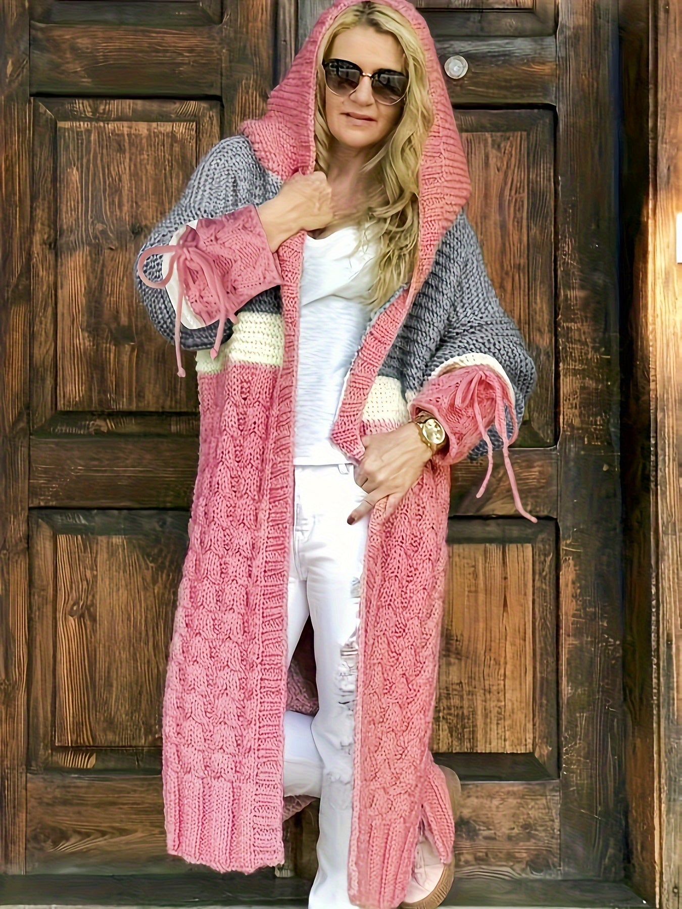 gbolsos Color Block Open Front Sweater Cardigan, Casual Long Sleeve Hooded Knitted Cardigan, Women's Clothing