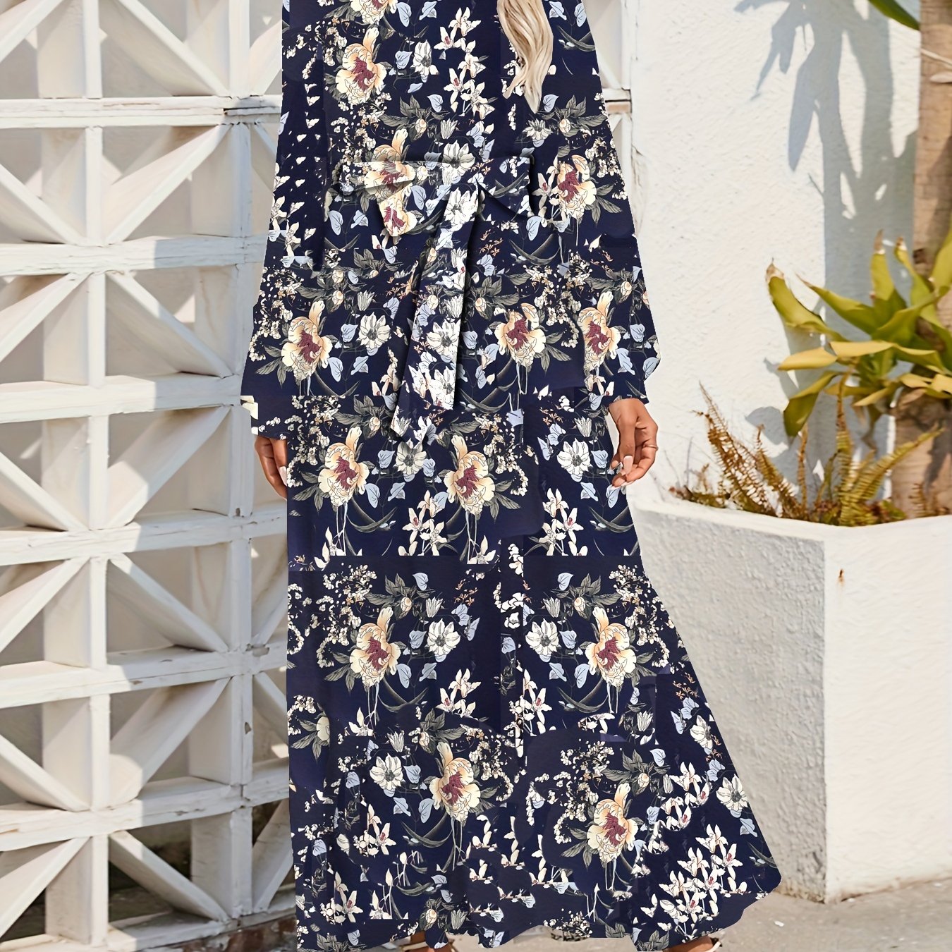 Floral Print Tie Waist Long Sleeve Dress, Crew Neck Casual Dress For Summer & Spring, Women's Clothing