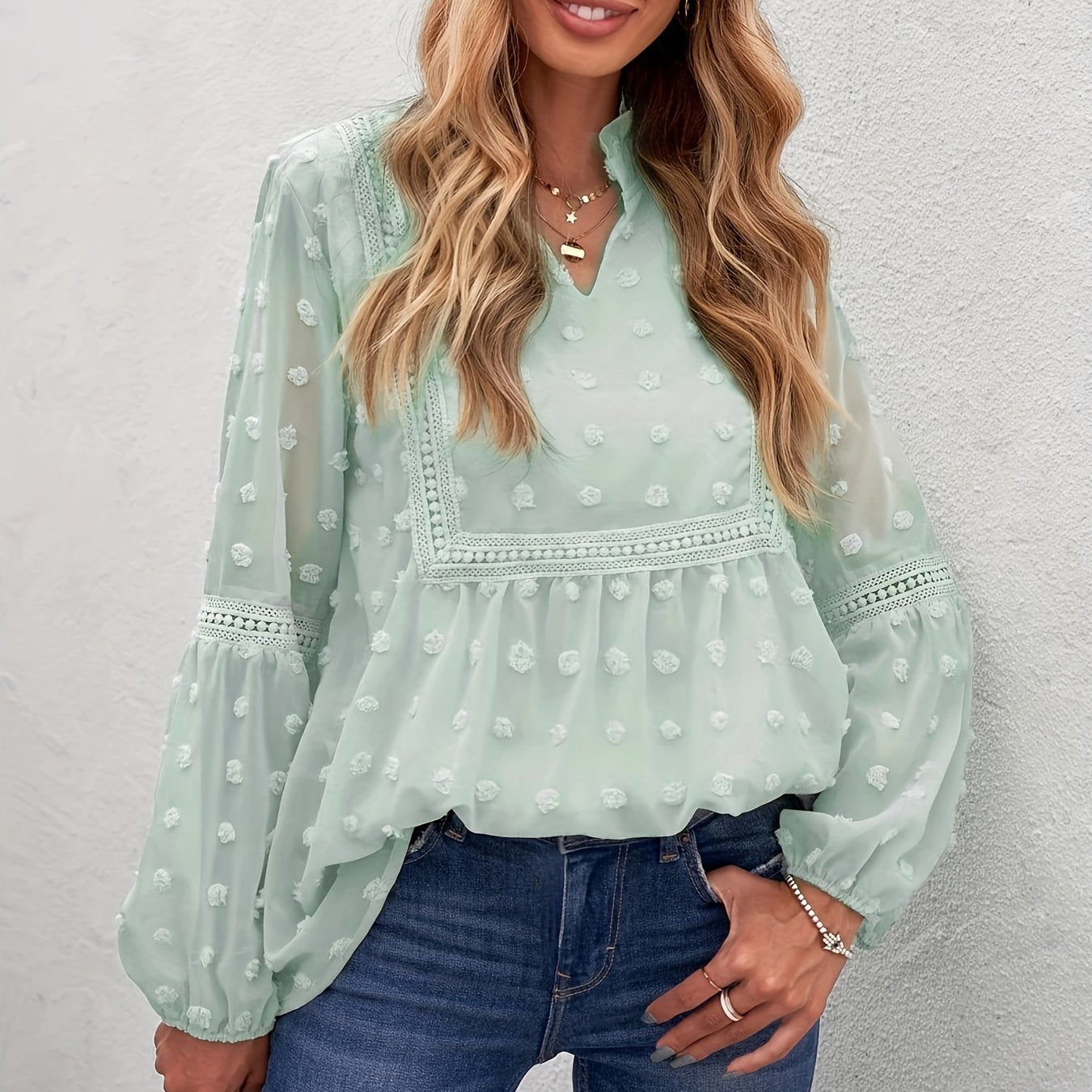 gbolsos Swiss Dot Contrast Lace Blouse, Elegant V Neck Lantern Sleeve Blouse, Women's Clothing