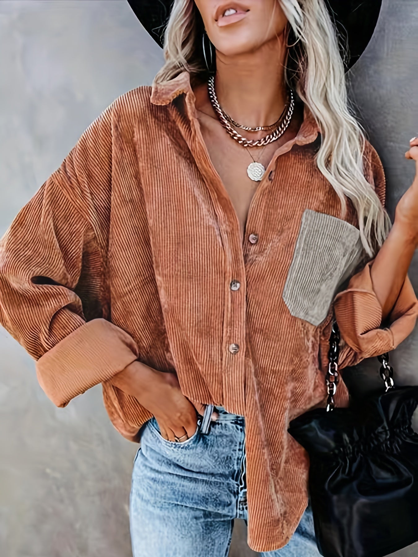 gbolsos Button Front Solid Shirt, Vintage Long Sleeve Collar Shirt, Women's Clothing
