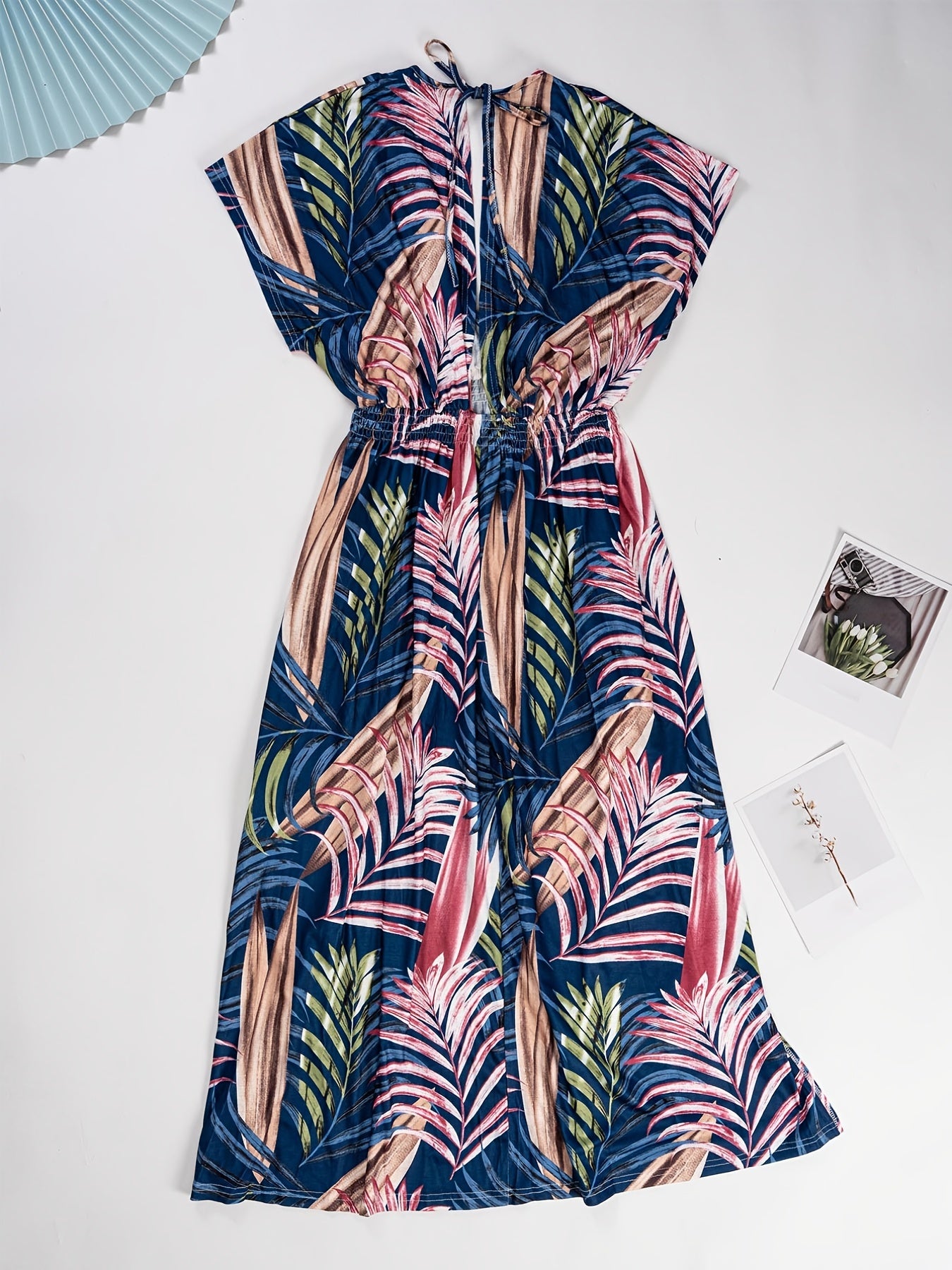 Tropical Print Tie Back Dress, Boho Shirred Short Sleeve V Neck Dress, Women's Clothing