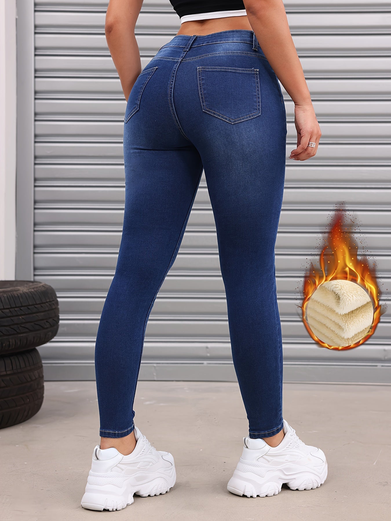 Fleece Liner Washed Skinny Jeans, Mid-Stretch Keep Warm Slim Fit Tight Jeans, Women's Denim Jeans & Clothing