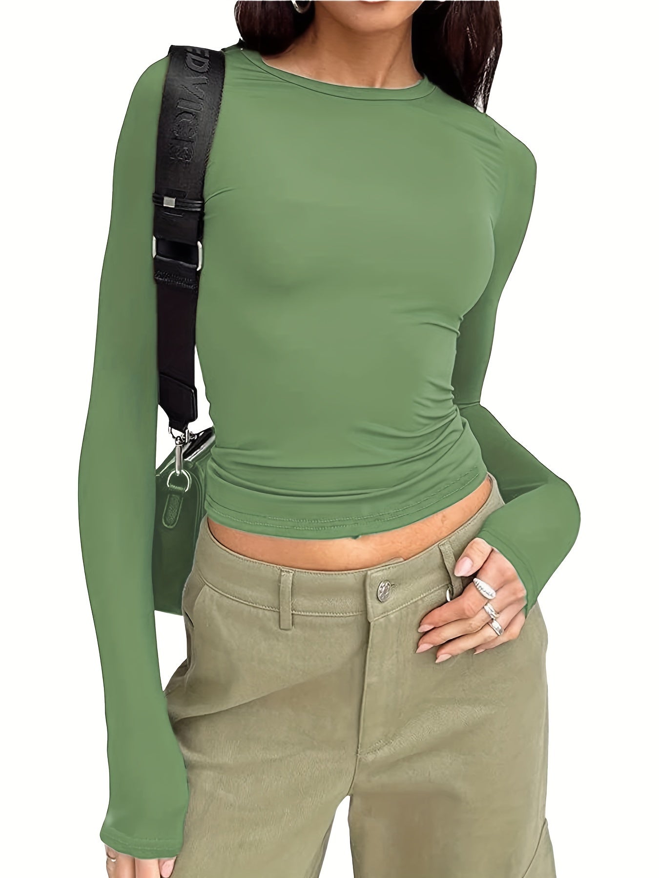 gbolsos Thin Solid Crew Neck T-Shirt, Casual Long Sleeve Top For Spring & Fall, Women's Clothing