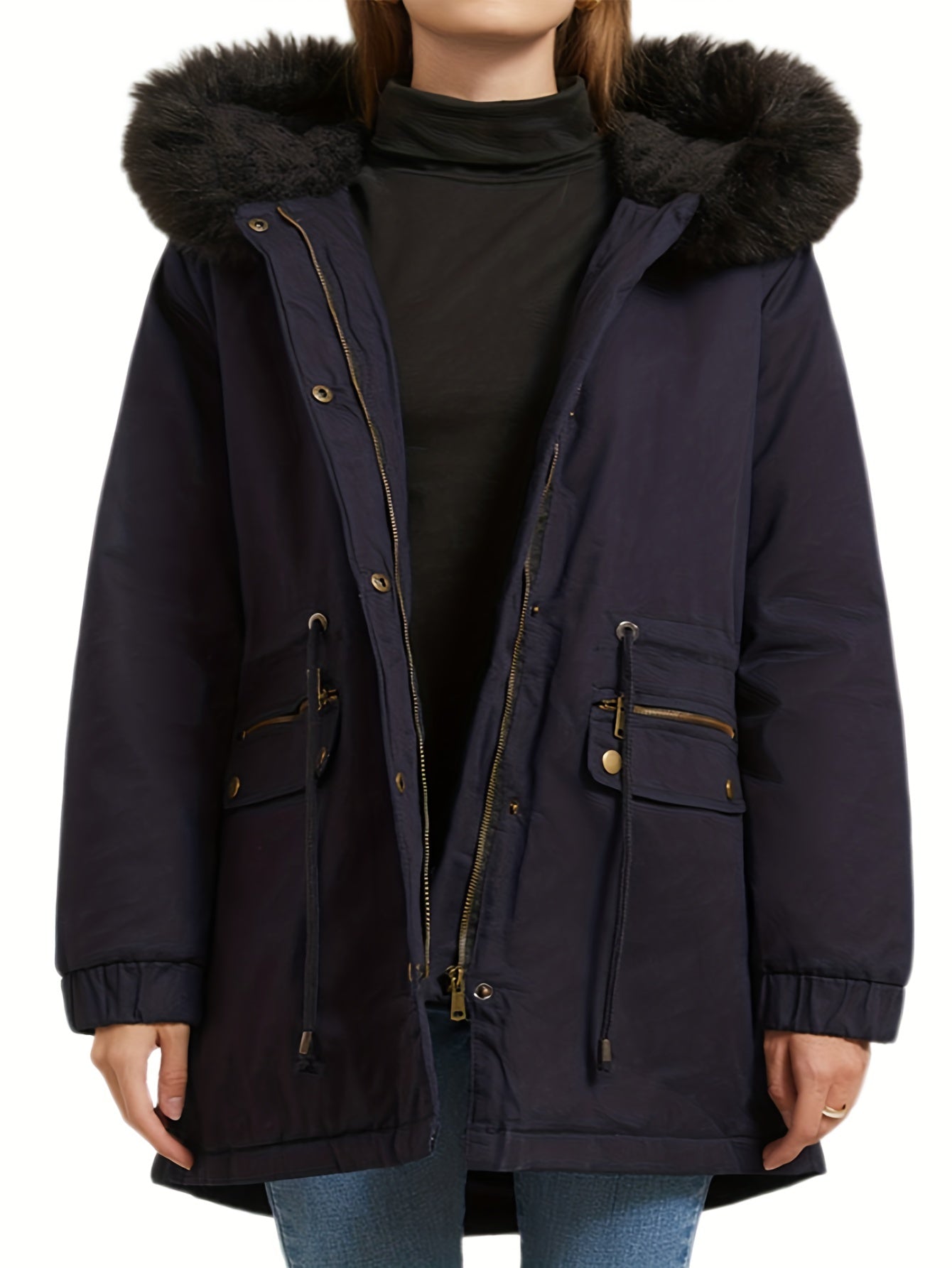 gbolsos Fluffy Trim Zip Up Jacket, Casual Long Sleeve Drawstring Winter Warm Outerwear, Women's Clothing