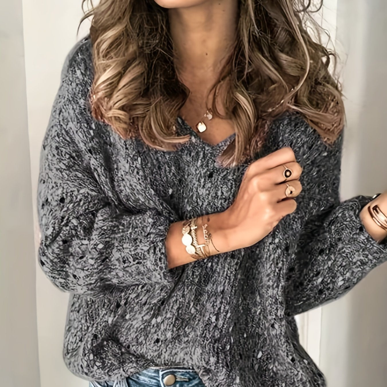 gbolsos Long Sleeve Drop Shoulder Sweater, Loose Casual Sweater, Women's Clothing