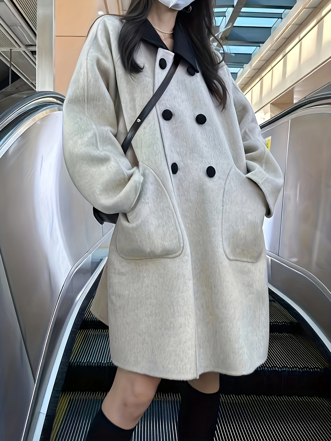 gbolsos Double Breasted Dual Pockets Coat, Long Sleeve Lapel Coat For Fall & Winter, Women's Clothing