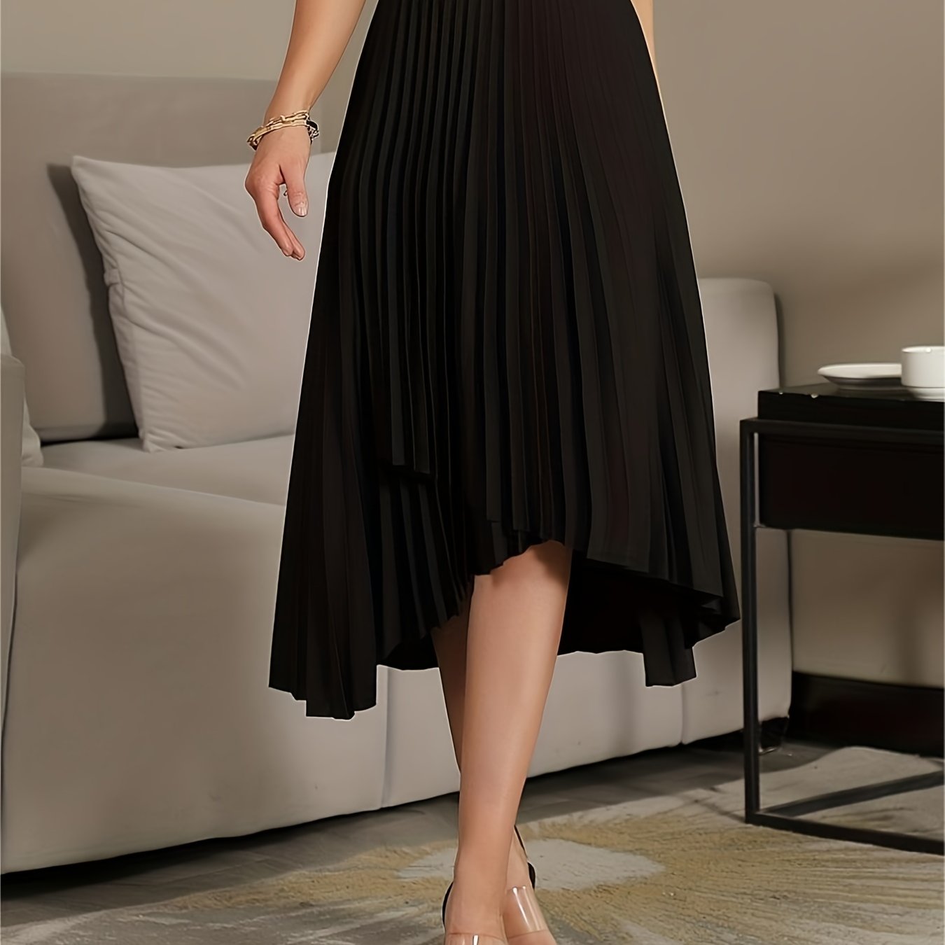 Solid Pleated Skirts, Elegant Asymmetrical High Waist A Line Skirts, Women's Clothing