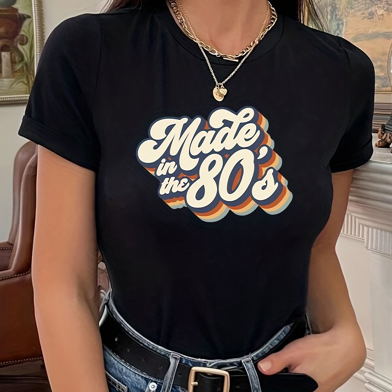 gbolsos "Made In The 203.2cms" Letter Print T-shirts, Crew Neck Short Sleeve Summer Sports Top, Women's Clothing