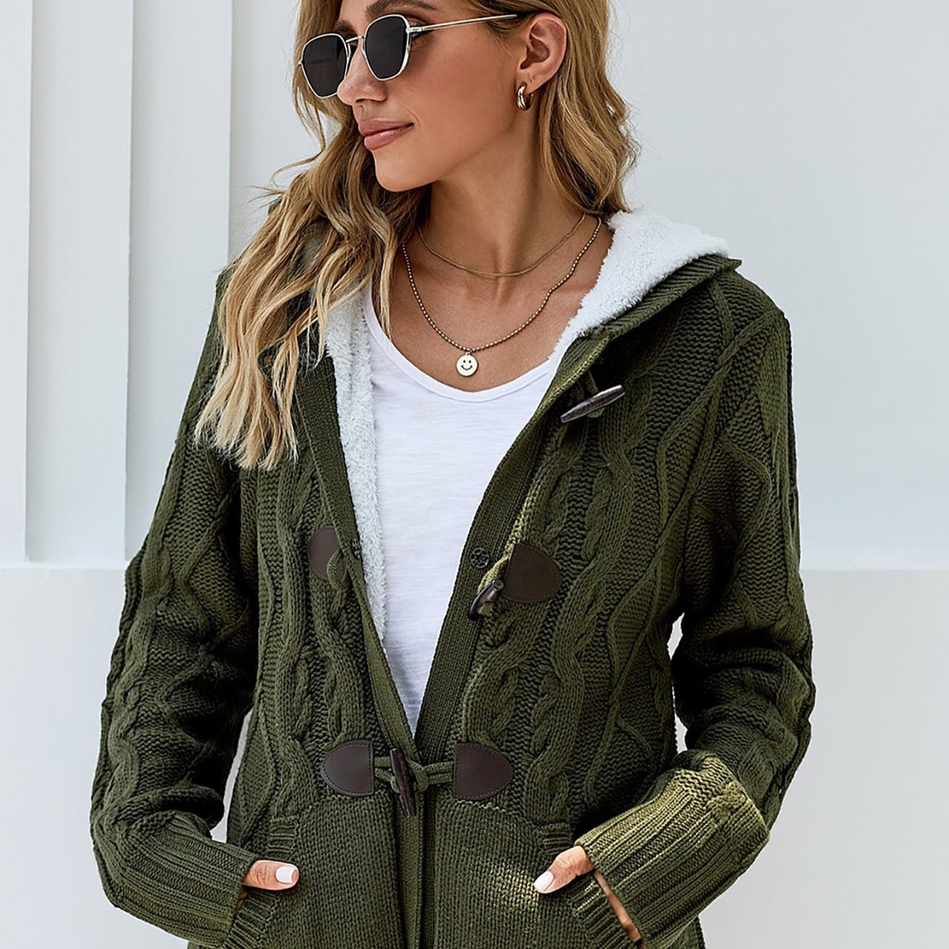 gbolsos Women's Outerwear Raw Hooded Flare Button Sweater Cardigan