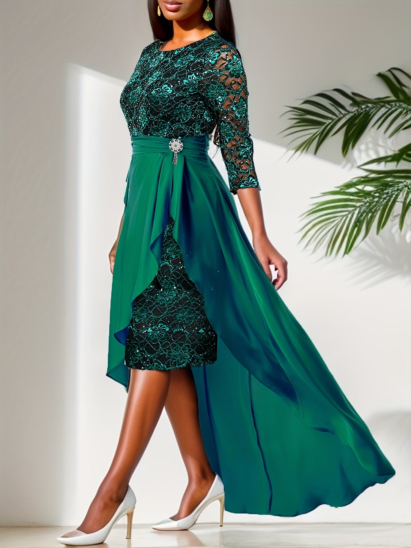 gbolsos Solid Elegant Two-piece Set, Ruffle Trim High Waist Skirts & Contrast Lace Party Dress Outfits, Women's Clothing
