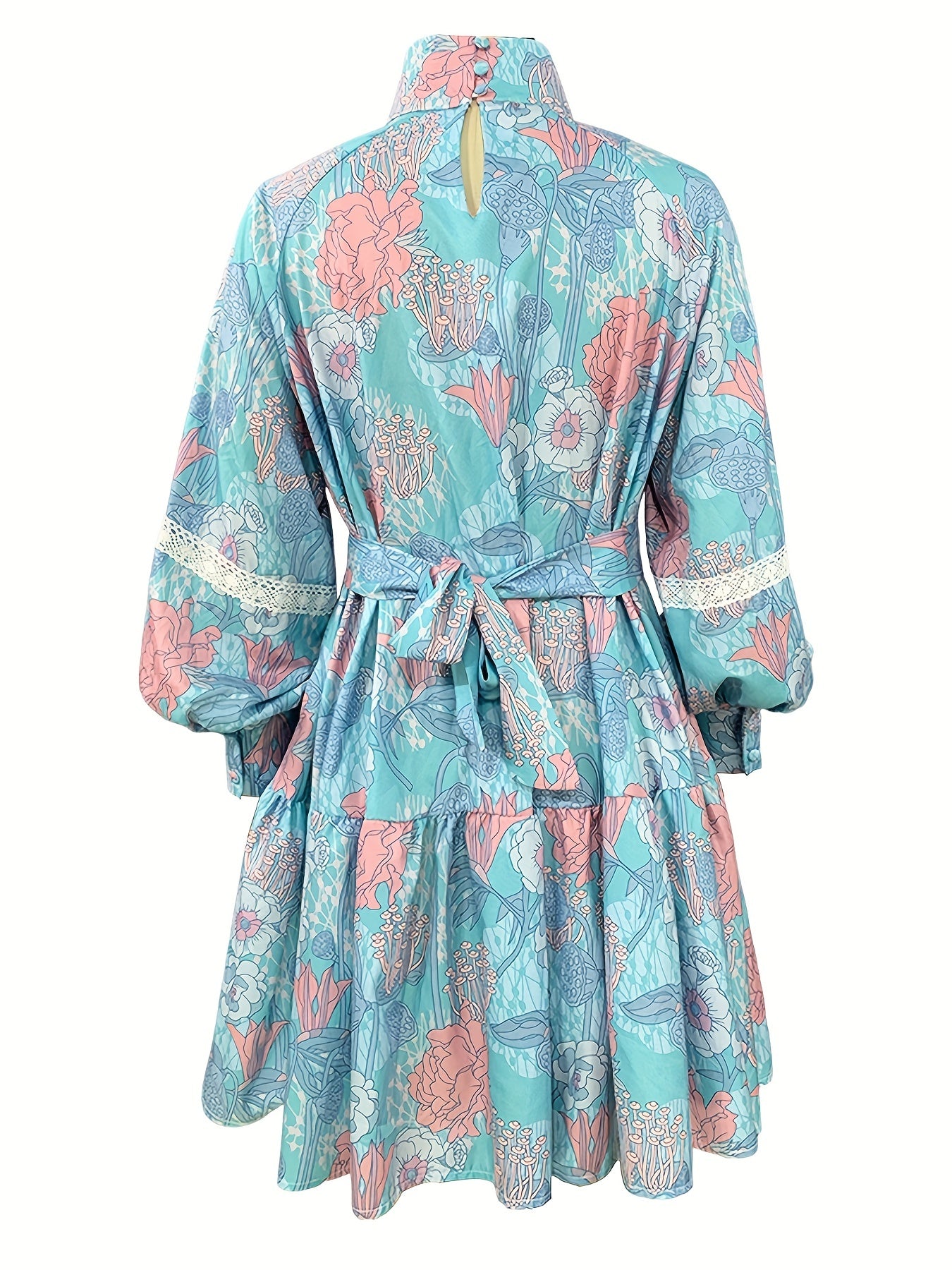 gbolsos Floral Print Button Front Dress, Elegant Pleated Long Sleeve High Collar Summer Dress, Women's Clothing