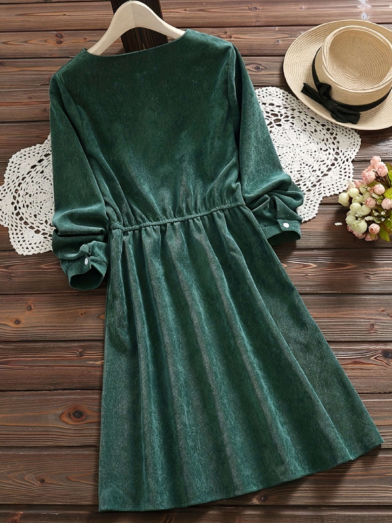 Button Front Floral Embroidered Dress, Vintage Slim Waist Pleated Long Sleeve Dress, Women's Clothing