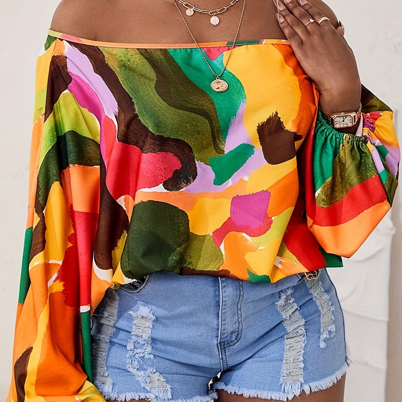 gbolsos Colorful Print Off Shoulder Top, Casual Long Lantern Sleeve T-Shirt For Spring & Fall, Women's Clothing