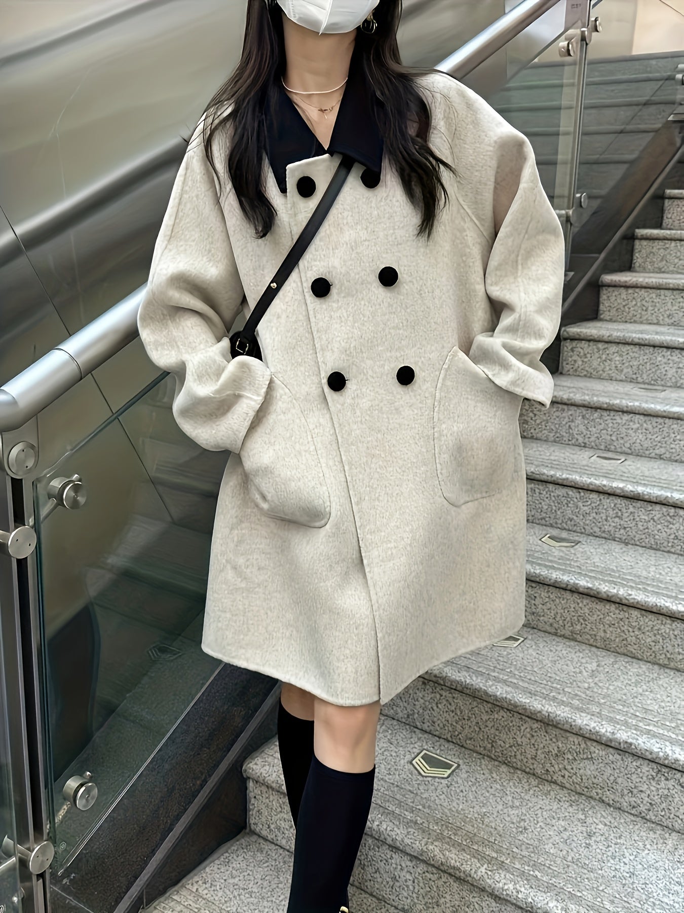 gbolsos Double Breasted Dual Pockets Coat, Long Sleeve Lapel Coat For Fall & Winter, Women's Clothing
