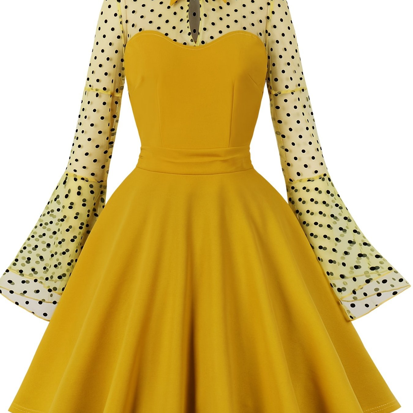 gbolsos Contrast Mesh Polka Dot Embroidery Dress, Vintage Flared Sleeve Waist Summer Dresses, Women's Clothing