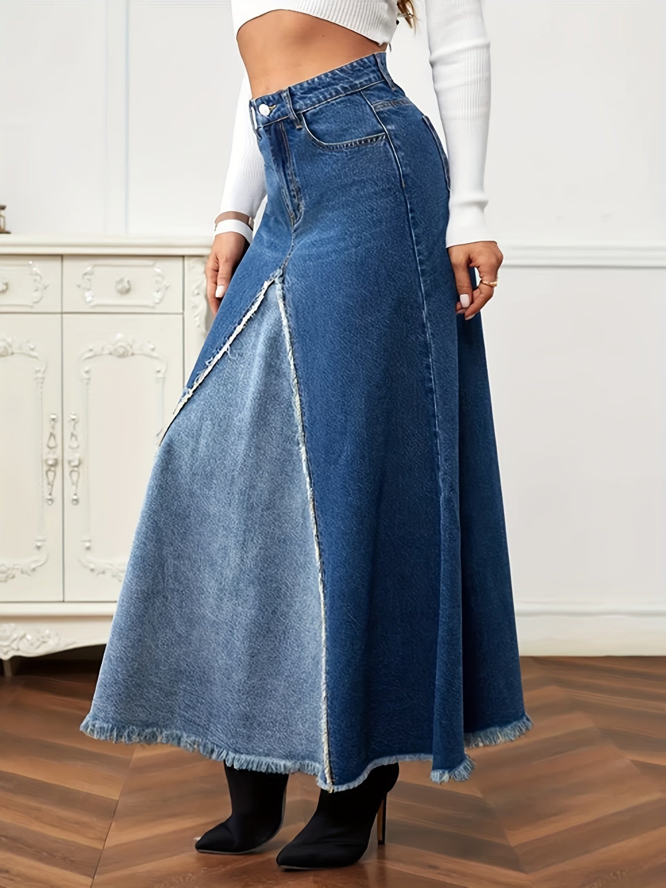 gbolsos Two Tone Patchwork Denim Midi Skirt, Frayed Hem Slant Pockets Chic Denim Skirt, Women's Denim Clothing