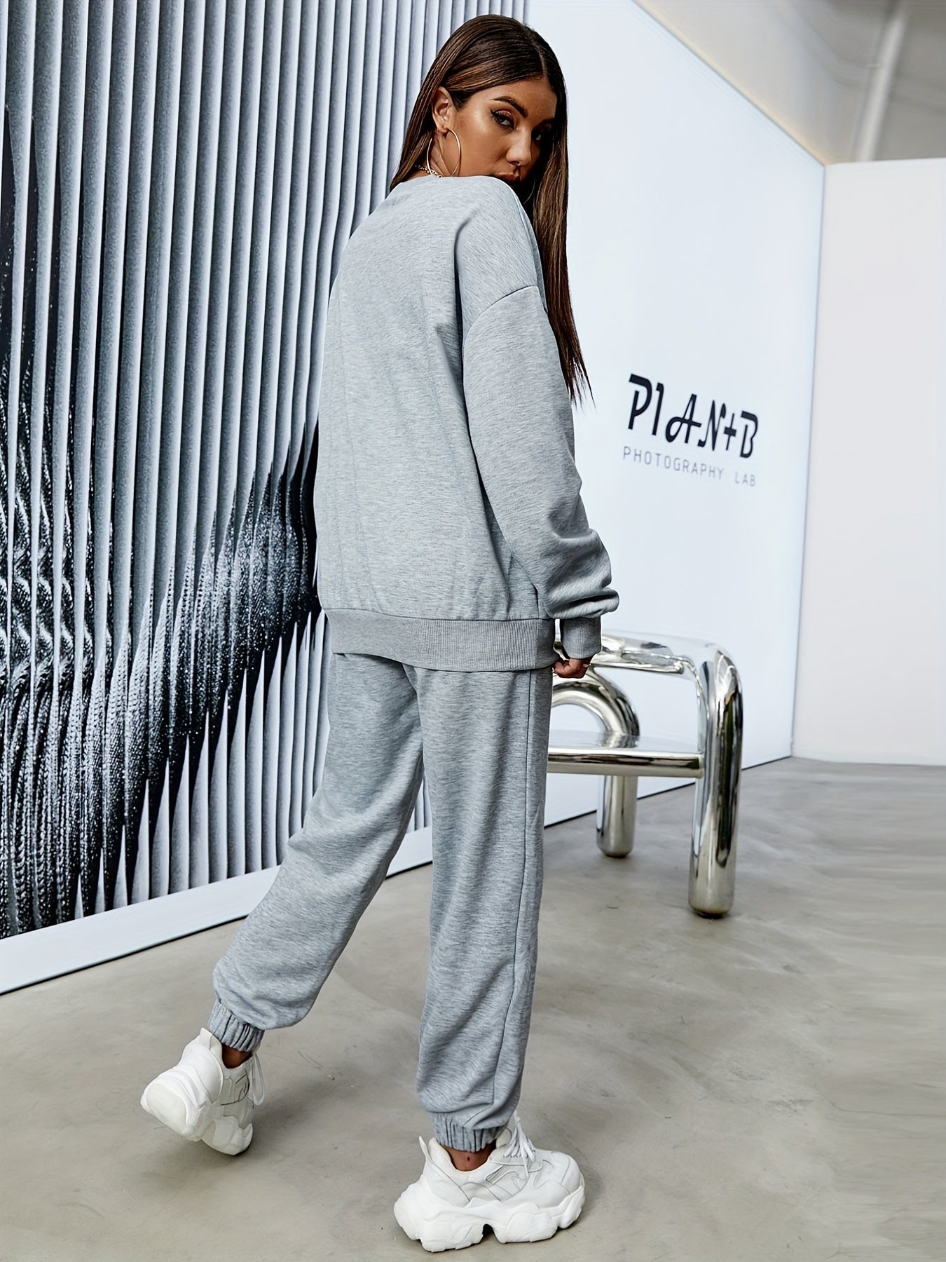 gbolsos Casual Workout Two-piece Set, Letter Print Long Sleeve Tops & Long Length Solid Jogger Pants Outfits, Women's Clothing