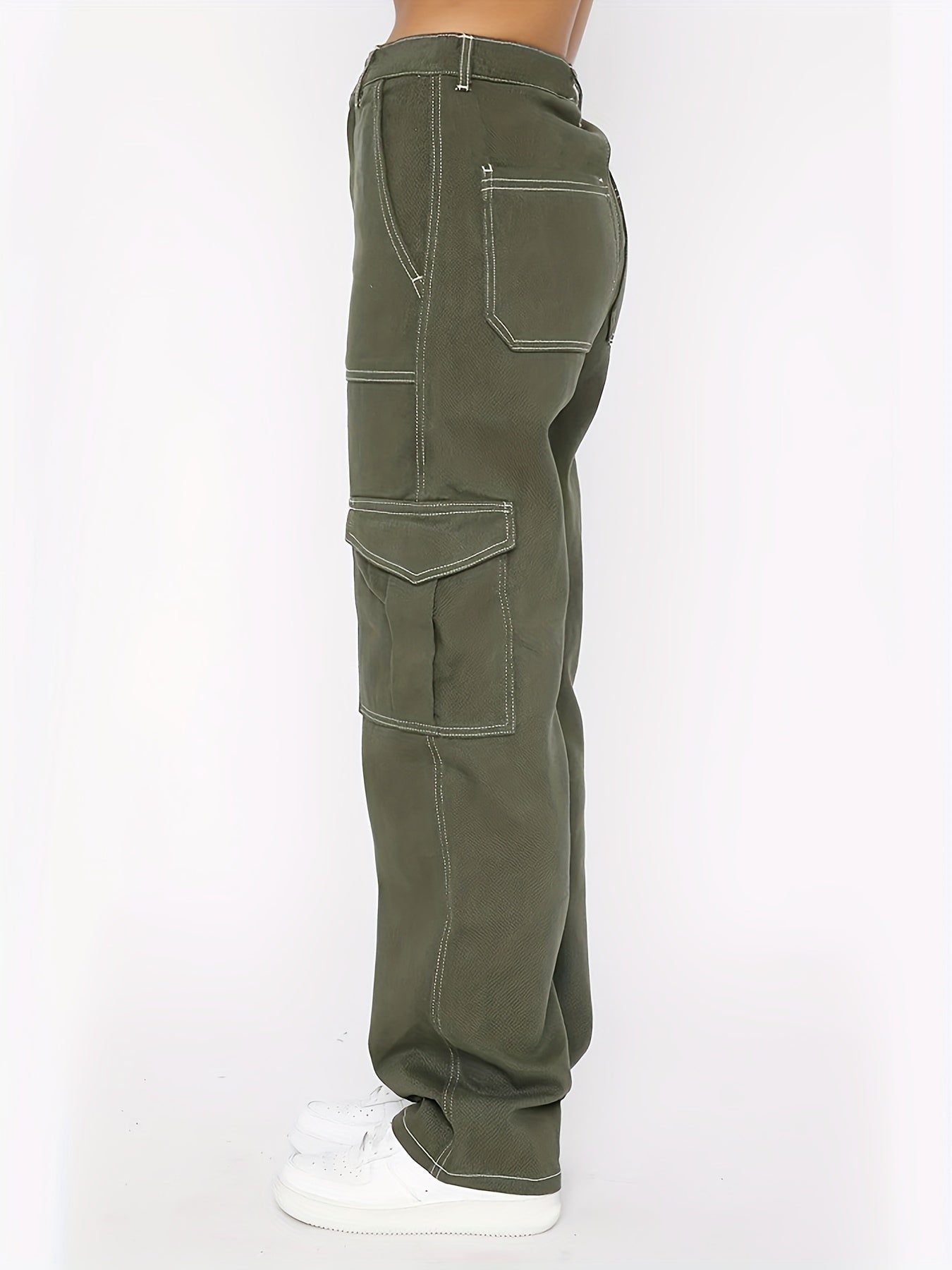 Army Green Cargo Pants, Flap Pockets High Waist Loose Fit Non-Stretch Casual Denim Pants, Y2K Kpop Vintage Style, Women's Denim Jeans & Clothing