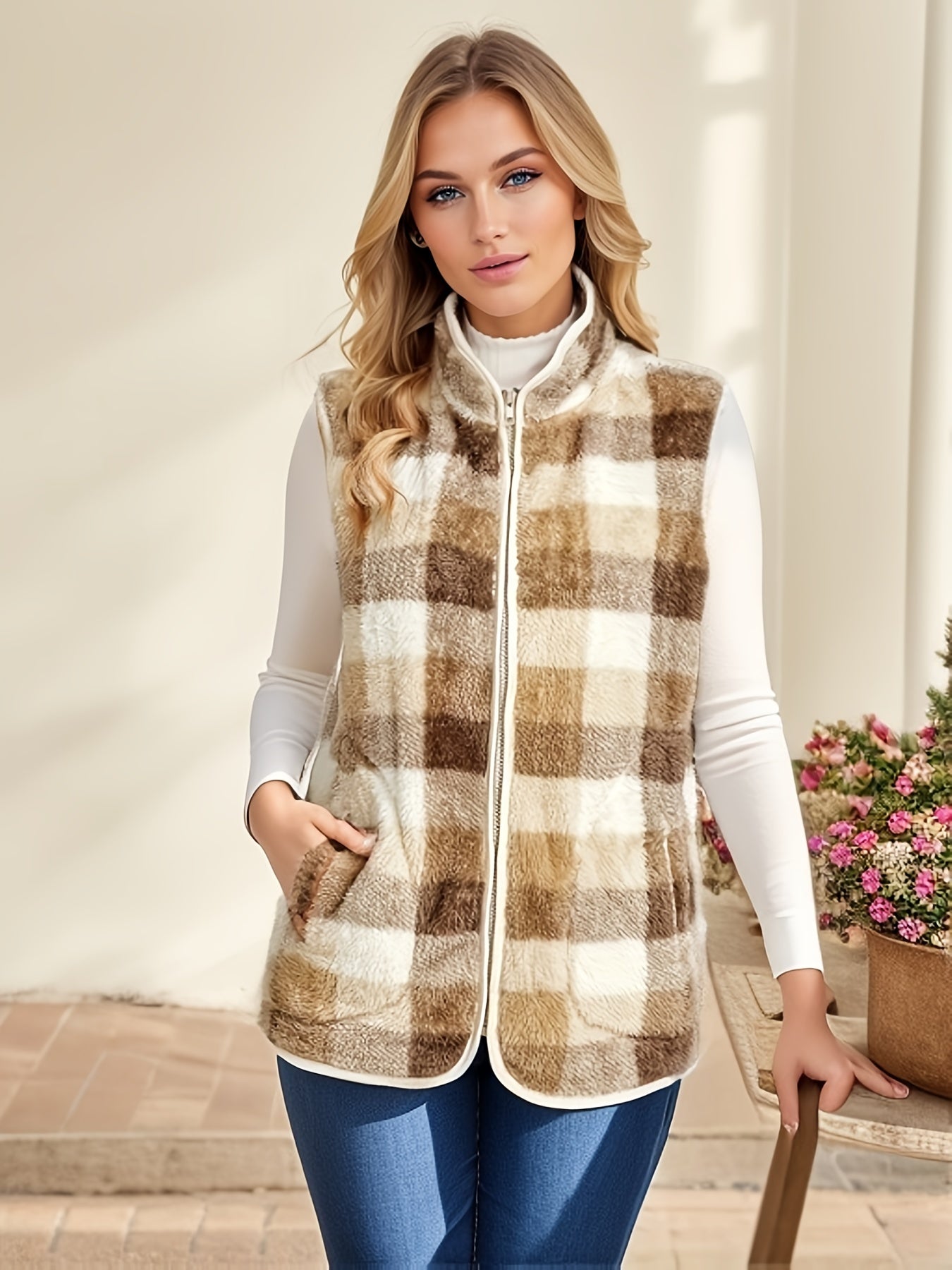 gbolsos Plaid Pattern Zip Up Vest, Casual Sleeveless Versatile Vest, Women's Clothing