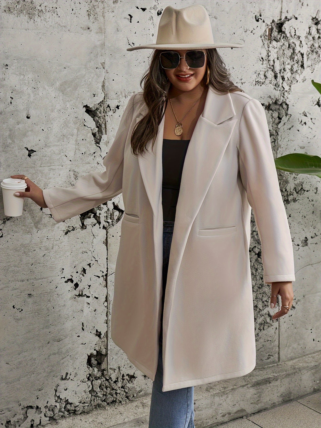 Plus Size Elegant Coat, Women's Plus Solid Long Sleeve Lapel Collar Longline Woolen Coat With Pockets
