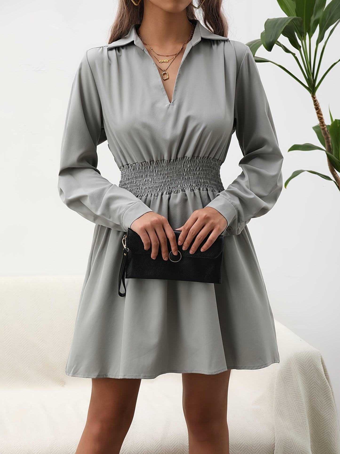 gbolsos Solid V Neck Shirred Waist Dress, Casual Long Sleeve Lapel Dress, Women's Clothing