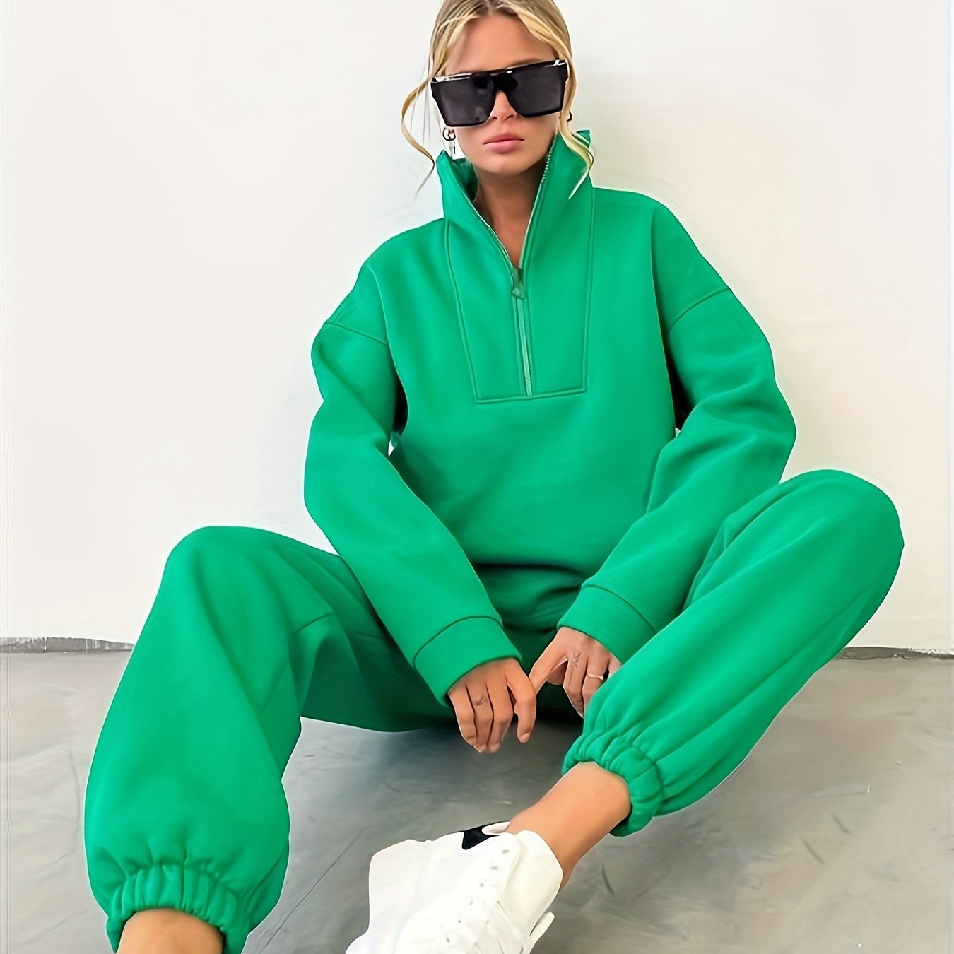 gbolsos Women's 2 Pieces Casual Sports Set, Half Zipper Long Sleeve Sweatshirt & Slant Pocket Sweatpants, Women's Clothing