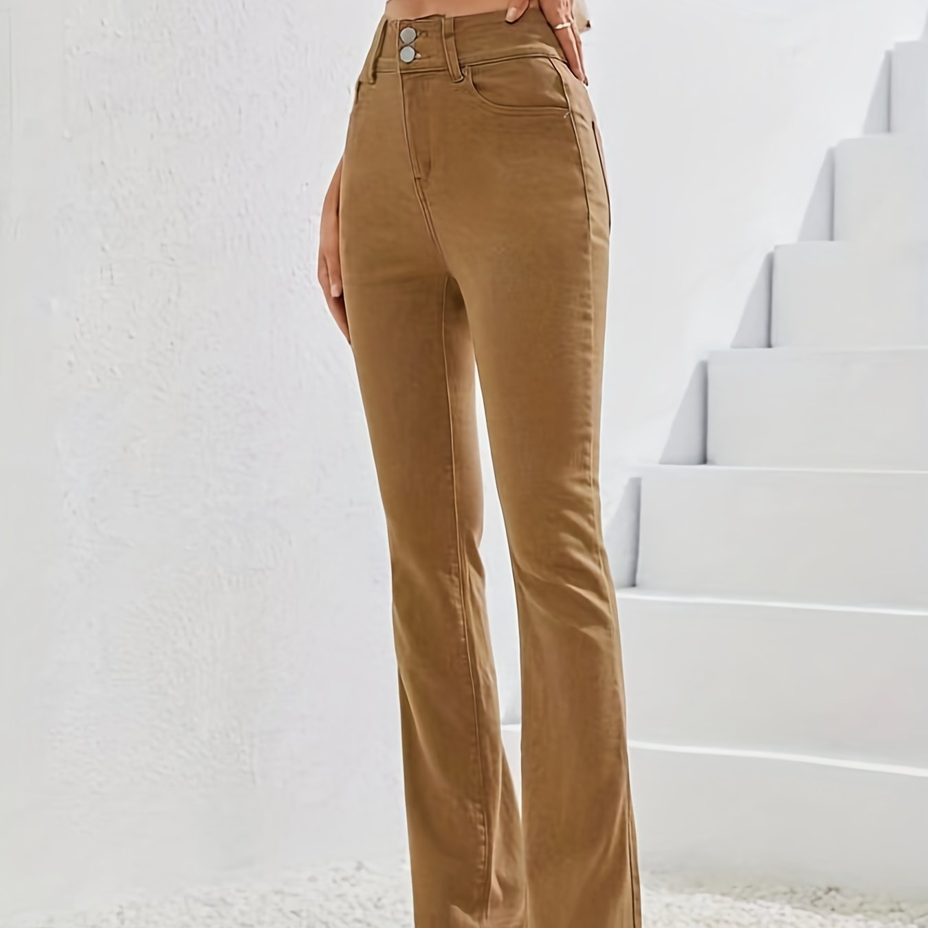 gbolsos Plain Double Button Wide Leg Jeans, High Rise Mid Strech Street Style Flare Denim Pants, Women's Denim Jeans & Clothing